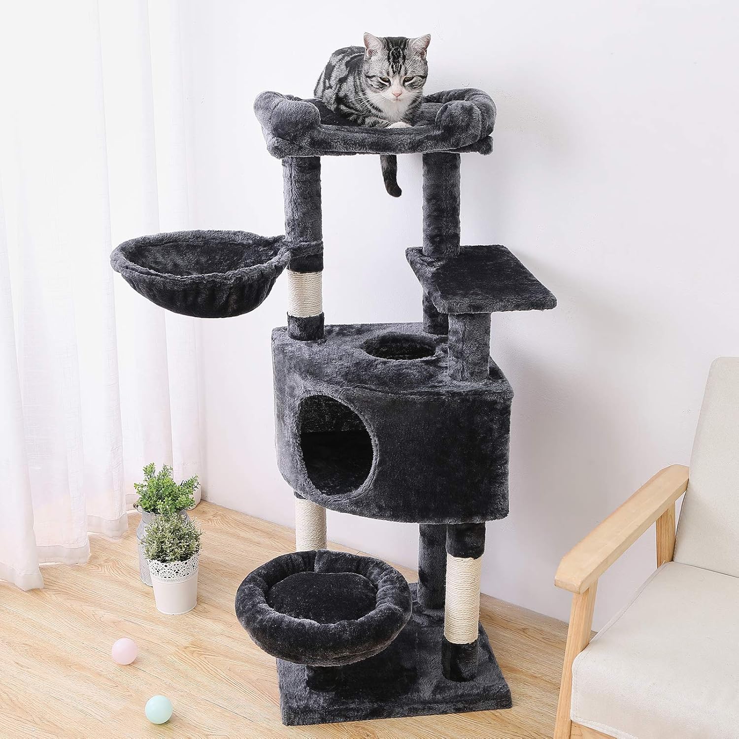 SUPERJARE Cat Tree Equipped with Spacious Condos & Plush Perches, Multi-Level Kitten Activity Tower with Scratching Posts & Basket Lounger - Dark Gray : Pet Supplies