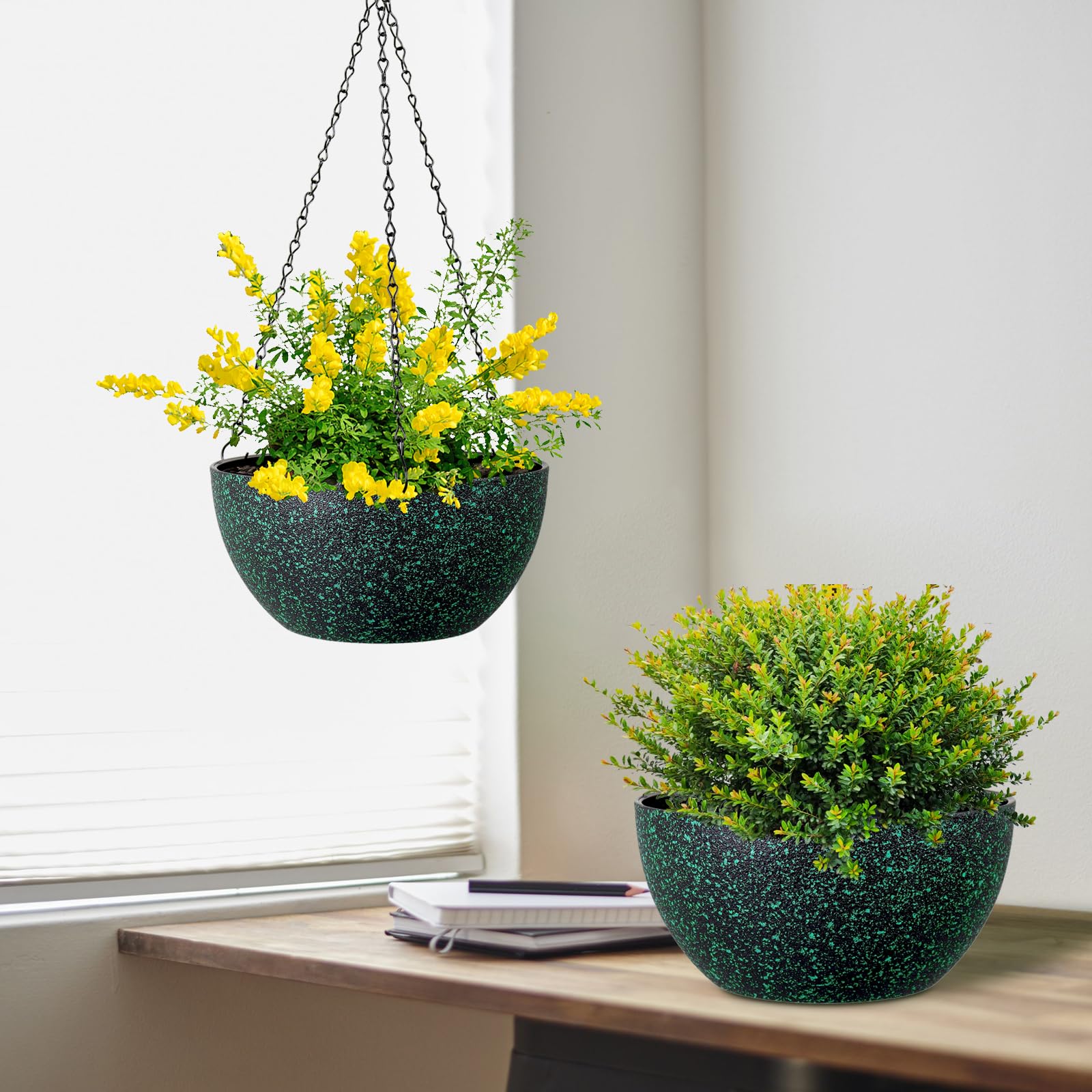 Amazon.com: Meowell 8 inch Small Hanging Planters for Indoor Outdoor  Plants, 2 Pack Hanging Flower Pots with Drainage Holes and Chain, Plastic  Hanging Baskets for House Plants, Black with Green Speckles :
