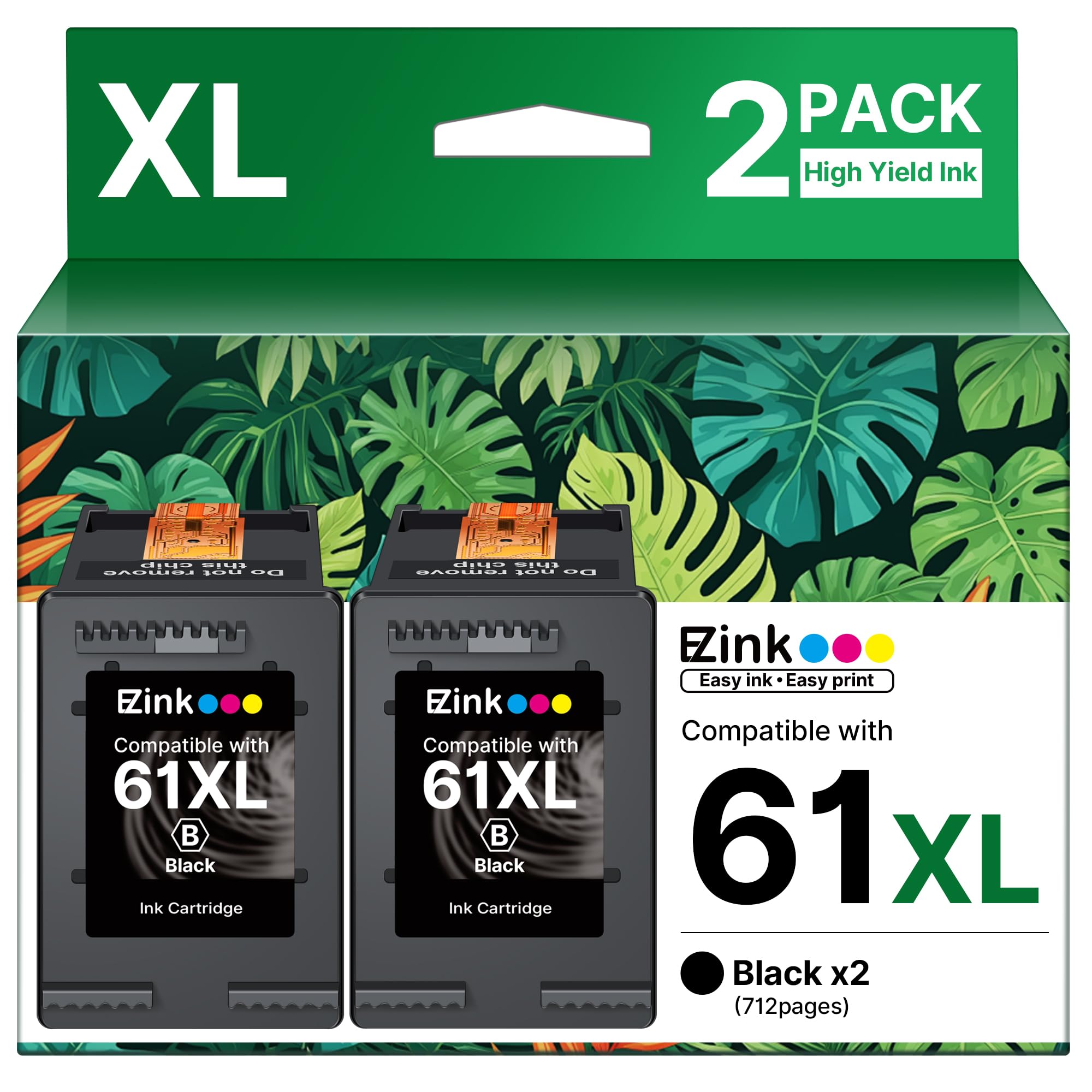 61XL Ink Cartridges Remanufactured Replacement for HP Ink 61, 61XL Ink Cartridges for HP Printers Envy 4500 5530 4502 4501 5535 OfficeJet 4630 4635 DeskJet 2540 1000 1010 1510 (2 Black)