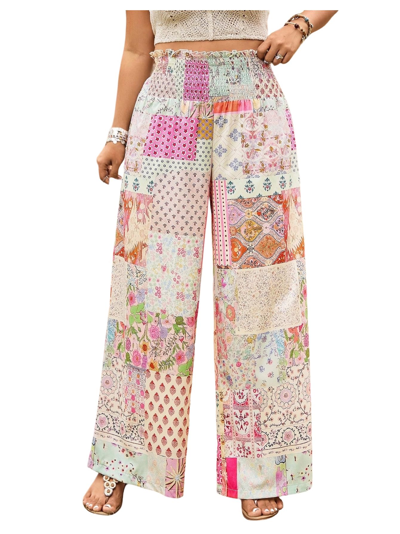 Womens Plus Size Patchwork Floral Paisley Boho Pants Smocked Colorblock High Waisted Wide Leg Trousers