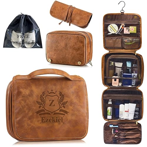 3-in-1 Large Personalized PU Leather Toiletry Bag For Men, Custom Groomsmen Gifts Hanging Travel Organizer Bag, Laser Engraved Name Monogram Shaving