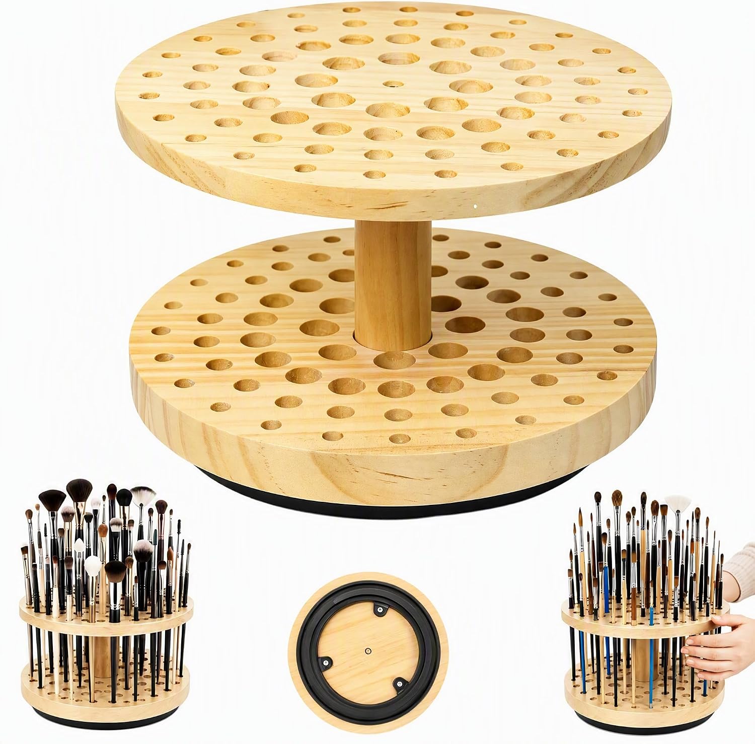 360° Rotating Hardwood Paint Brush Holder, 72‑Hole Organizer