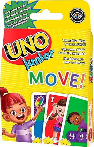 Mattel Games UNO Junior Move! Juego de cartas para niños con juego activo, reglas simples, 3 niveles de juego y juego