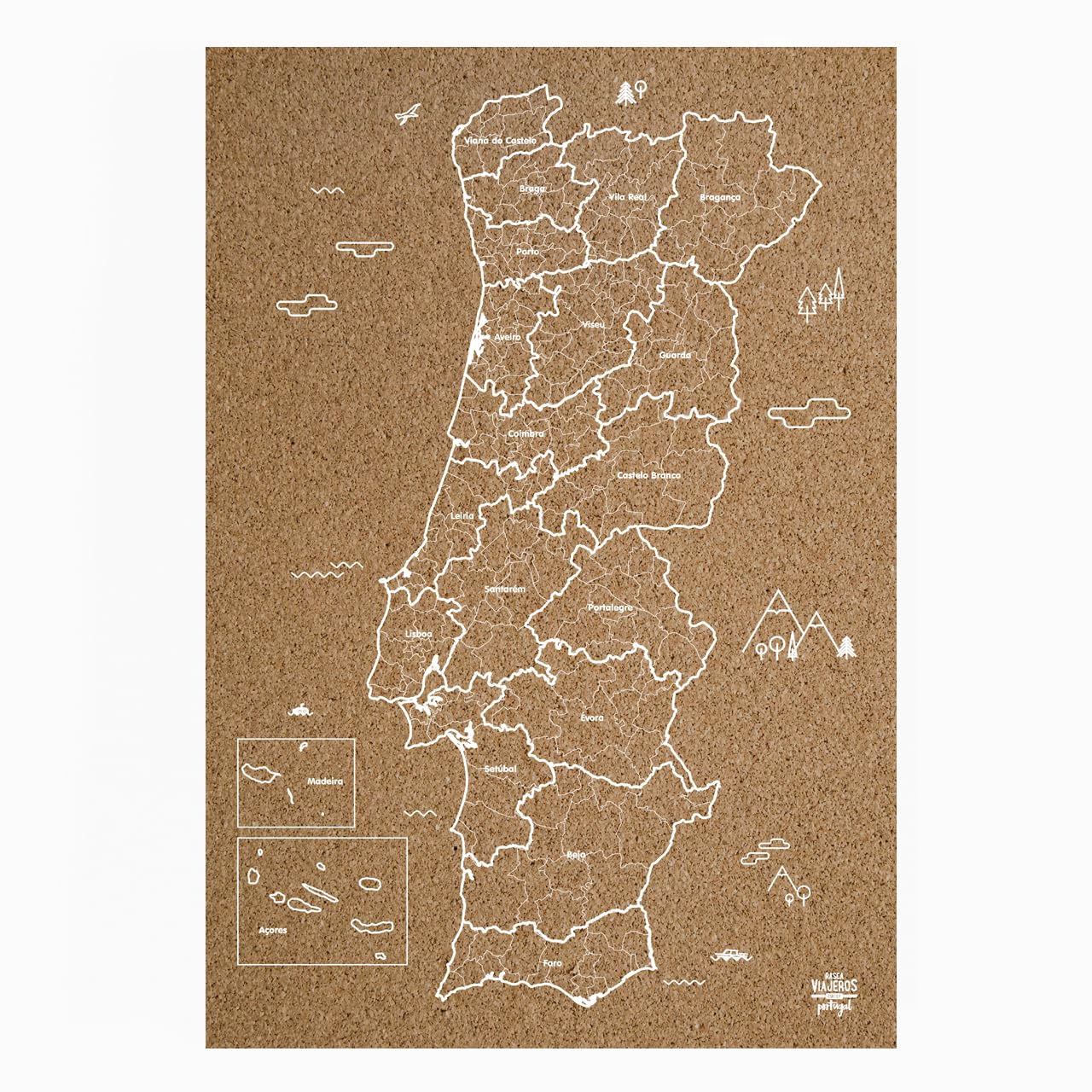 Mapa de corcho de Portugal 60x40cm blanco