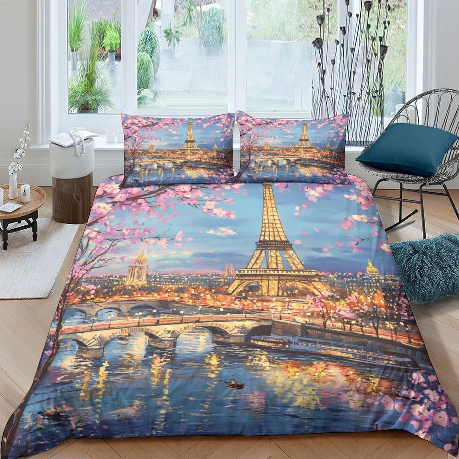 Ctjqhvkz Style-7 3D Printed Paris Eiffel Tower Fitted Sheet Microfiber Soft Blue Pink Cherry Blossom Mattress Cover Bedroom Decor Single（135X200cm）