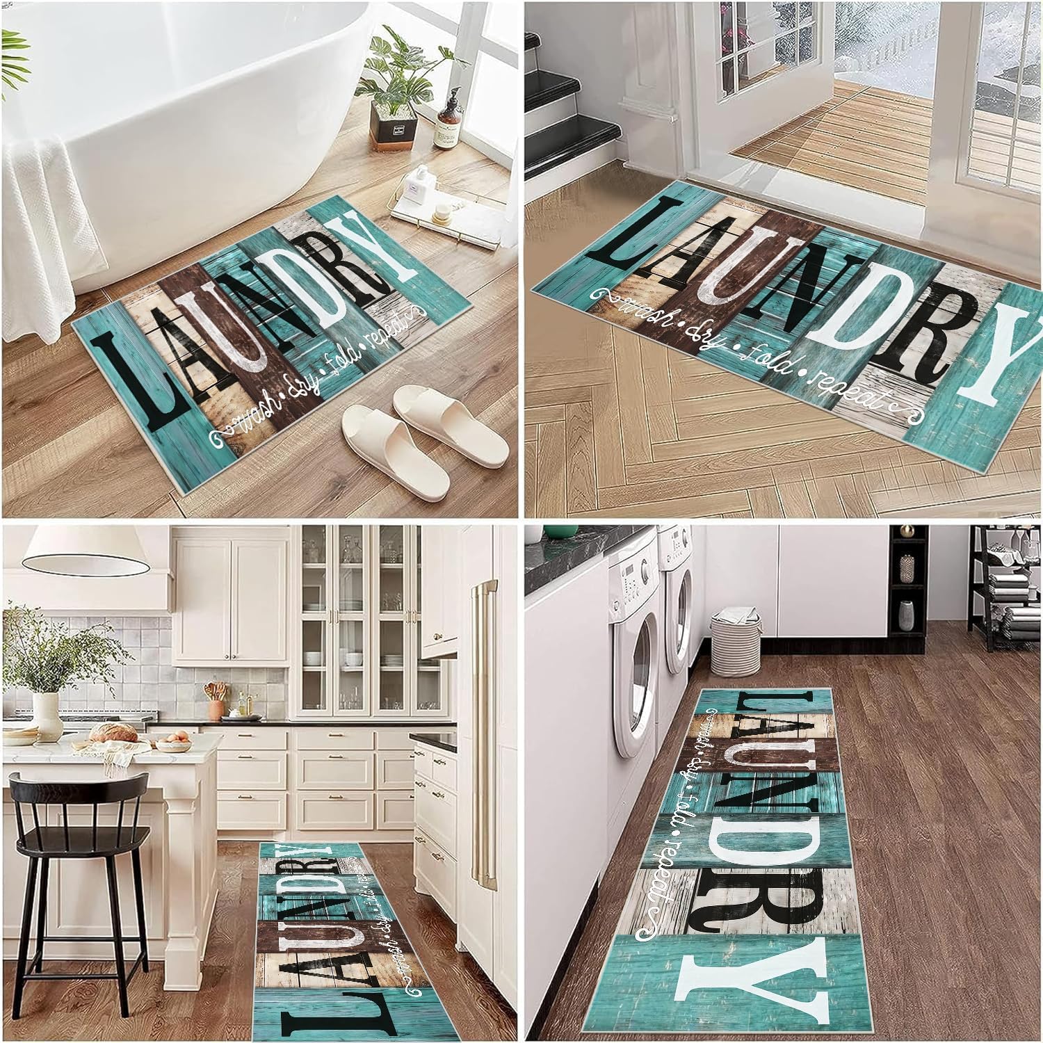 Laundry Room Rug Runner 20"X59"Teal and Brown Abstract Wood Non Slip Laundry Rugs and Mats for Laundry Room Decor Washable Runner Rugs for Farmhouse Kitchen Floor Laundry Bathroom Area Rugs