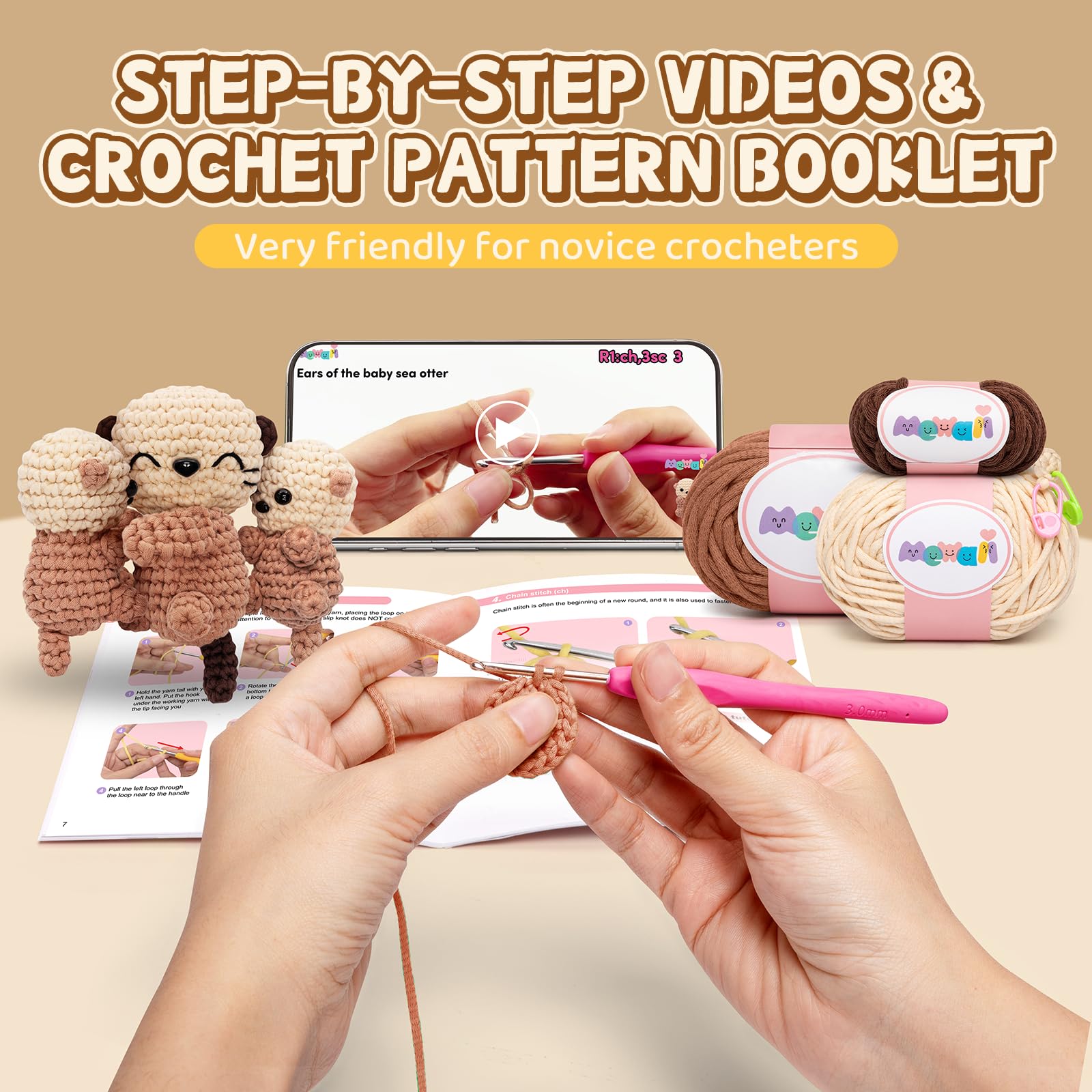 Mewaii - Kit de ganchillo para principiantes nivel 1 con un 40 % de hilo extra fácil preiniciado ecológico, tutoriales en vídeo paso a paso (pack de 3 unidades de familia de nutria marina)