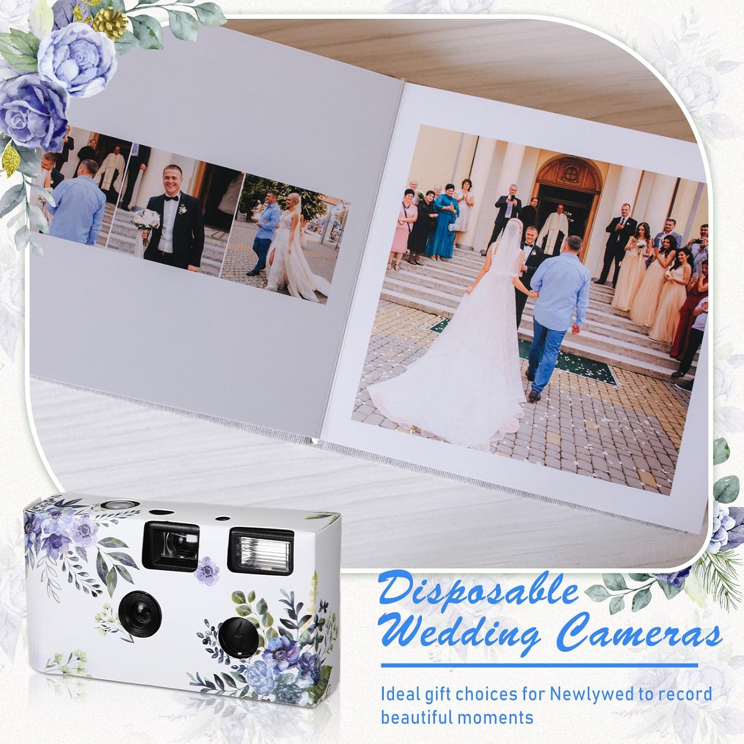 Kanayu 10 Pack Disposable Camera for Wedding Floral 35mm Single Use Film Camera with Flash One Time Use Camera for Anniversary Concert Travel Camp Party Supply Gift Honeymoon(Blue Poppy)