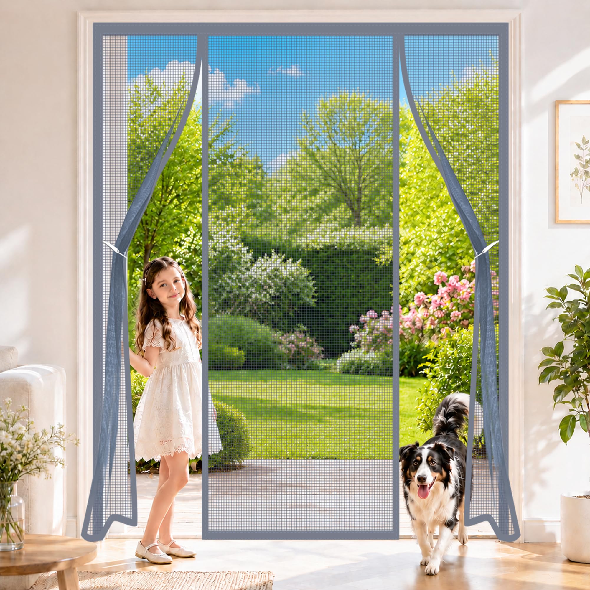 Double Door Magnetic Mesh Curtain Grey 250x205cm Extra Wide Heavy Duty Mesh Curtain with Strong Magnets Snaps Shuts Automatically for Large Porch Entries and Conservatory Transitions