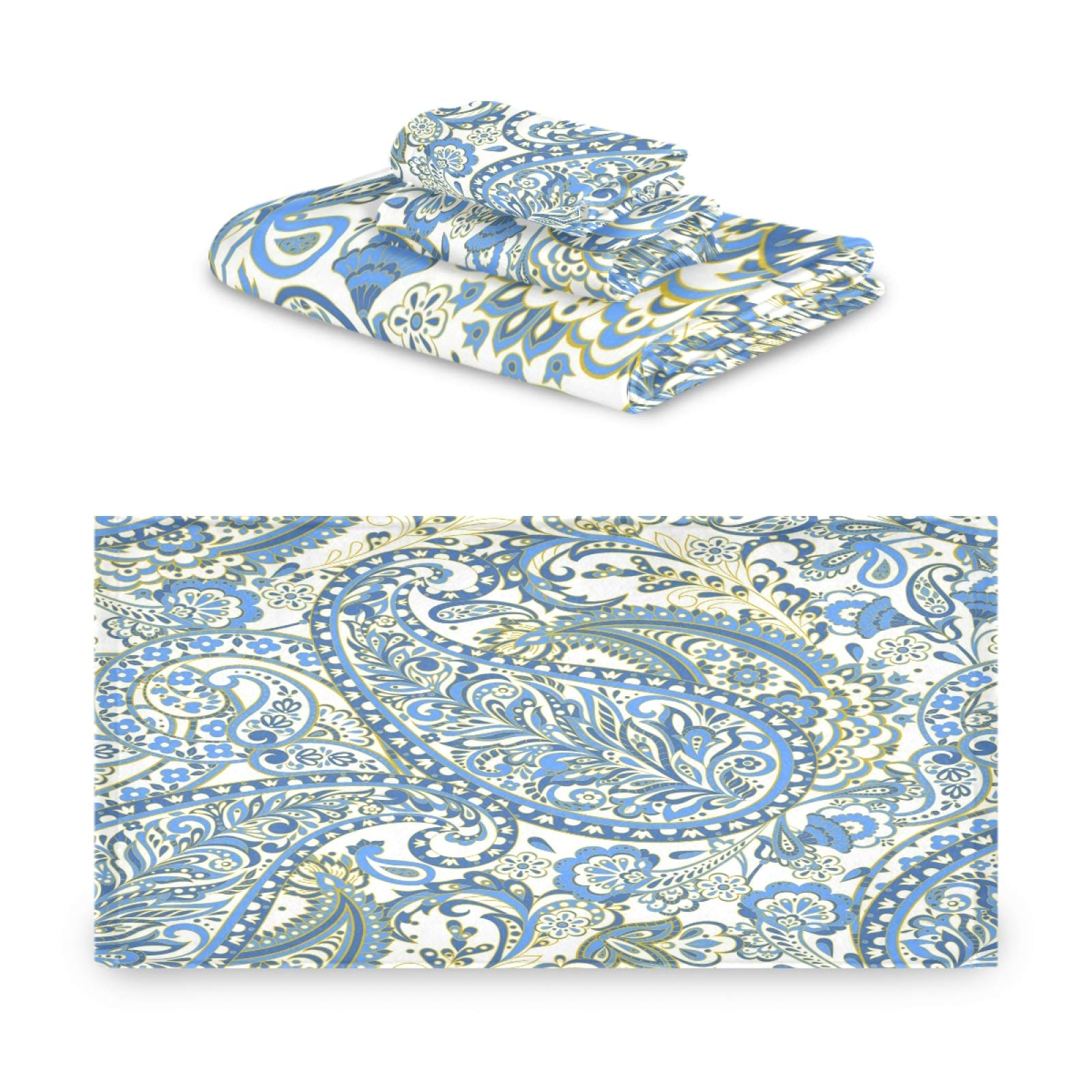 ALAZA Towel Bathroom Sets, Paisley Damascus Flower Blue Mandala Towels 3-Piece 1 Bath Towel 1 Washcloth 1 Hand Towel, Bath Towel Set of 3 Soft Multifuntion for Home Kitchen Hotel Gym Swim Spa