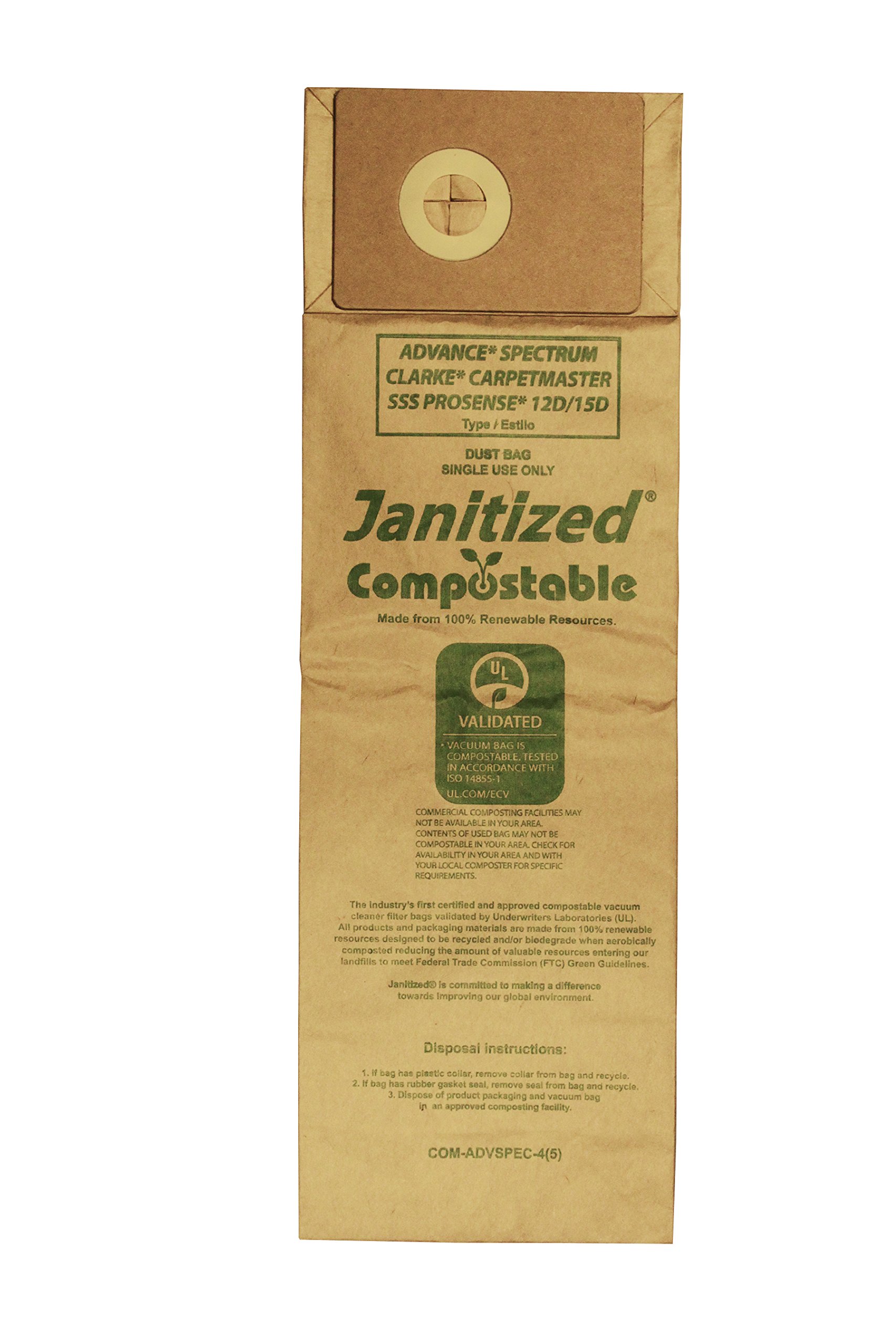 Janitized COM-ADVSPEC-4(5) Compostable Replacement Commercial Vacuum Paper Bag for Advance Spectrum, Clarke CarpetMaster, SSS Prosense Vacuum Cleaners (Pack of 50)