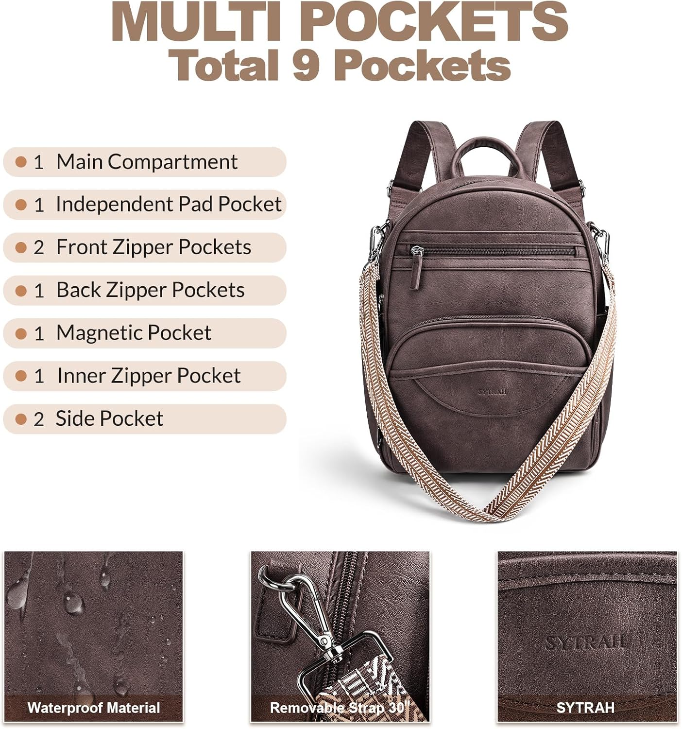 SYTRAH Small Backpack Purse for Women, Mini Backpack Vegan Leather with RFID Blocking & Tablet Pocket, Cute Shoulder Handbag for Travel, School & Work Coffee Brown