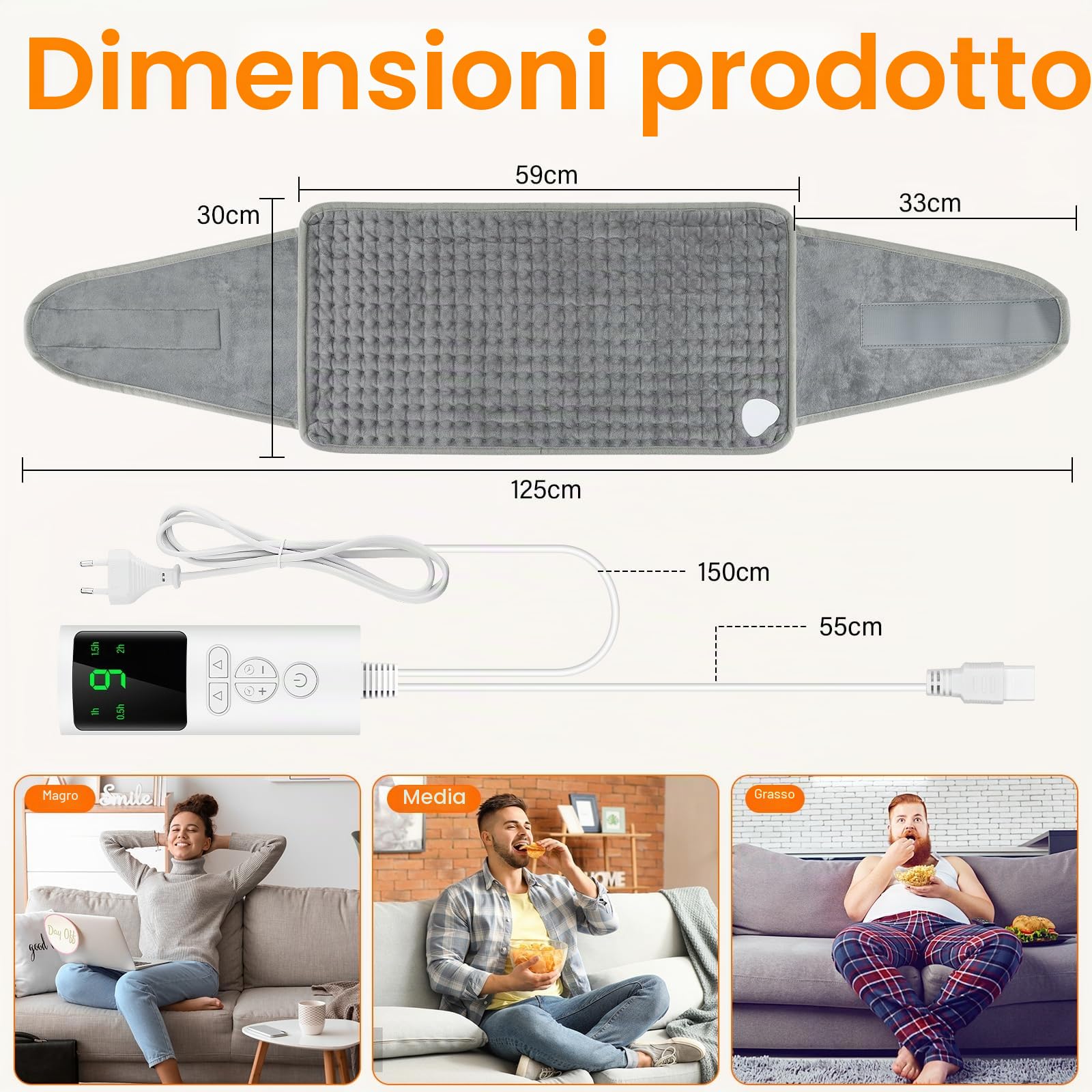 125x30cm Termoforo Elettrico, Termoforo Lombare, Fascia Lombare Riscaldante, 9 Livelli Di Riscaldamento, 4 Impostazioni Di Temporizzazione, Lavabile, per Schiena, Collo, Spalle, Addome