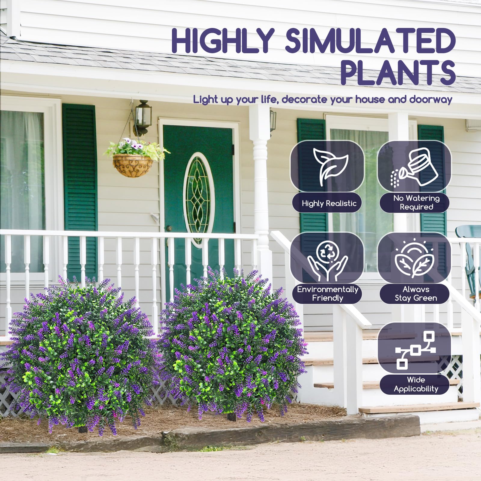 Artificial Lavender Topiary Ball Trees, 2 Set of 20’’ Artificial Shrub Bushes with Ground Spike,UV Resistant Faux Greenery Shrubs,Fake Evergreen Boxwood Plants for Garden, Yard, Porch, Patio Decor