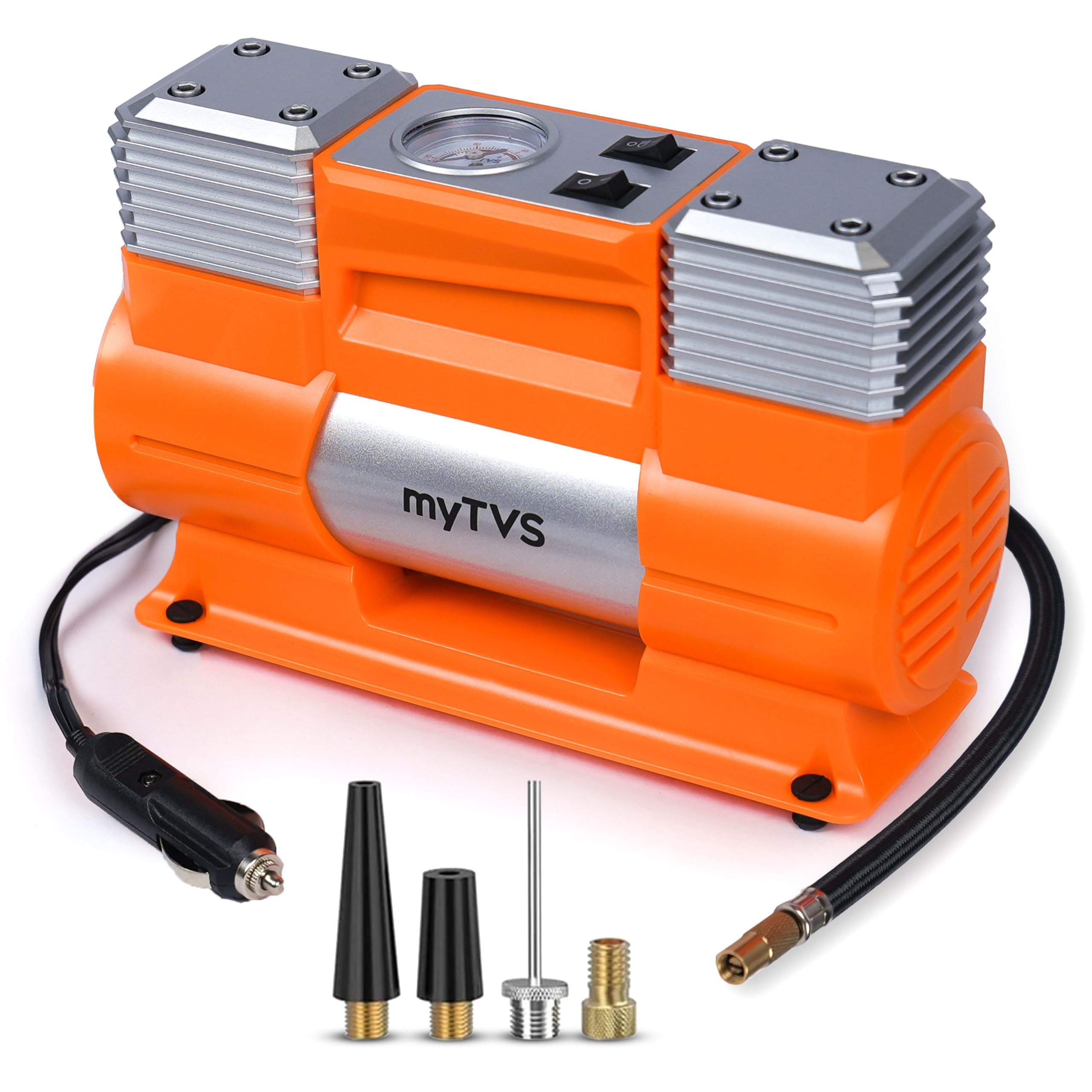 myTVS Heavy Duty Metal Electric Tyre Inflator for SUV/Sedan | 150Psi Portable Air Pump with Dual Motor High-Performance Compressor with LED Light & 1+1 Year Warranty Compatible with All cars (TI-18)-image-32