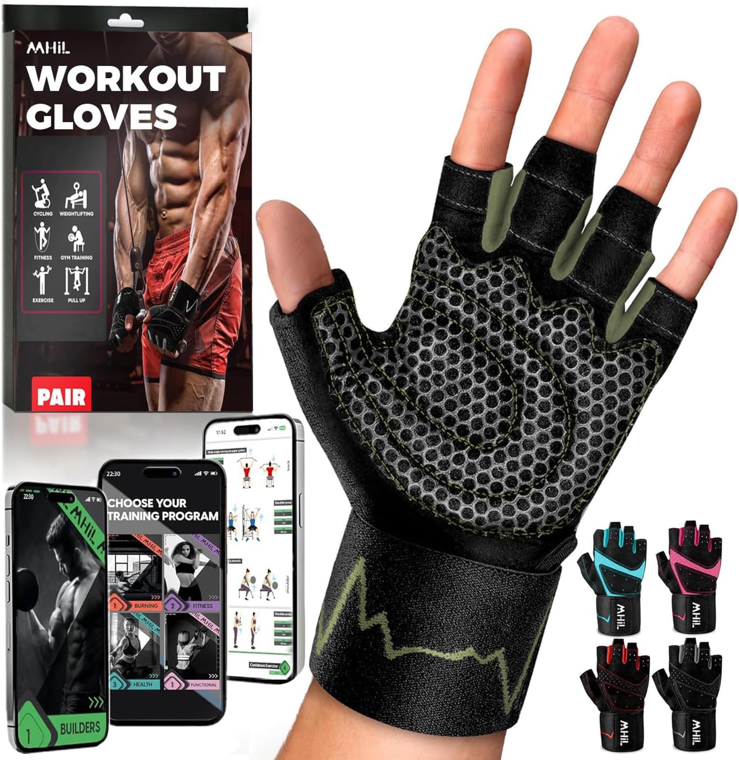 MhIL Workout Gloves for Men, Comfortable Gym Gloves for Men with Enhanced Grip for Safety and Hand Protection, Weightlifting Protection with Wrist Wraps