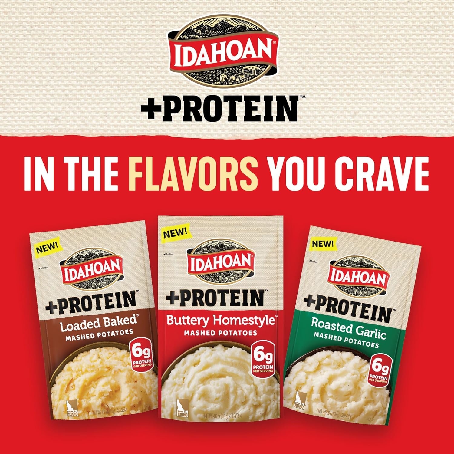 Idahoan Buttery Homestyle +Protein Mashed Potatoes, Naturally Gluten-Free, 100% Real Idaho Potatoes, 4 servings per bag, 4.6 ounce (Pack of 10)