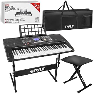 Pyle Piano – Piano Numérique Portable à 61 Touches – avec Sac de Transport étanche – Tabouret et Support pour Clavier -Noir - Les Beatles, Paul McCartney, John Lennon, RIngo Starr, George Harrison