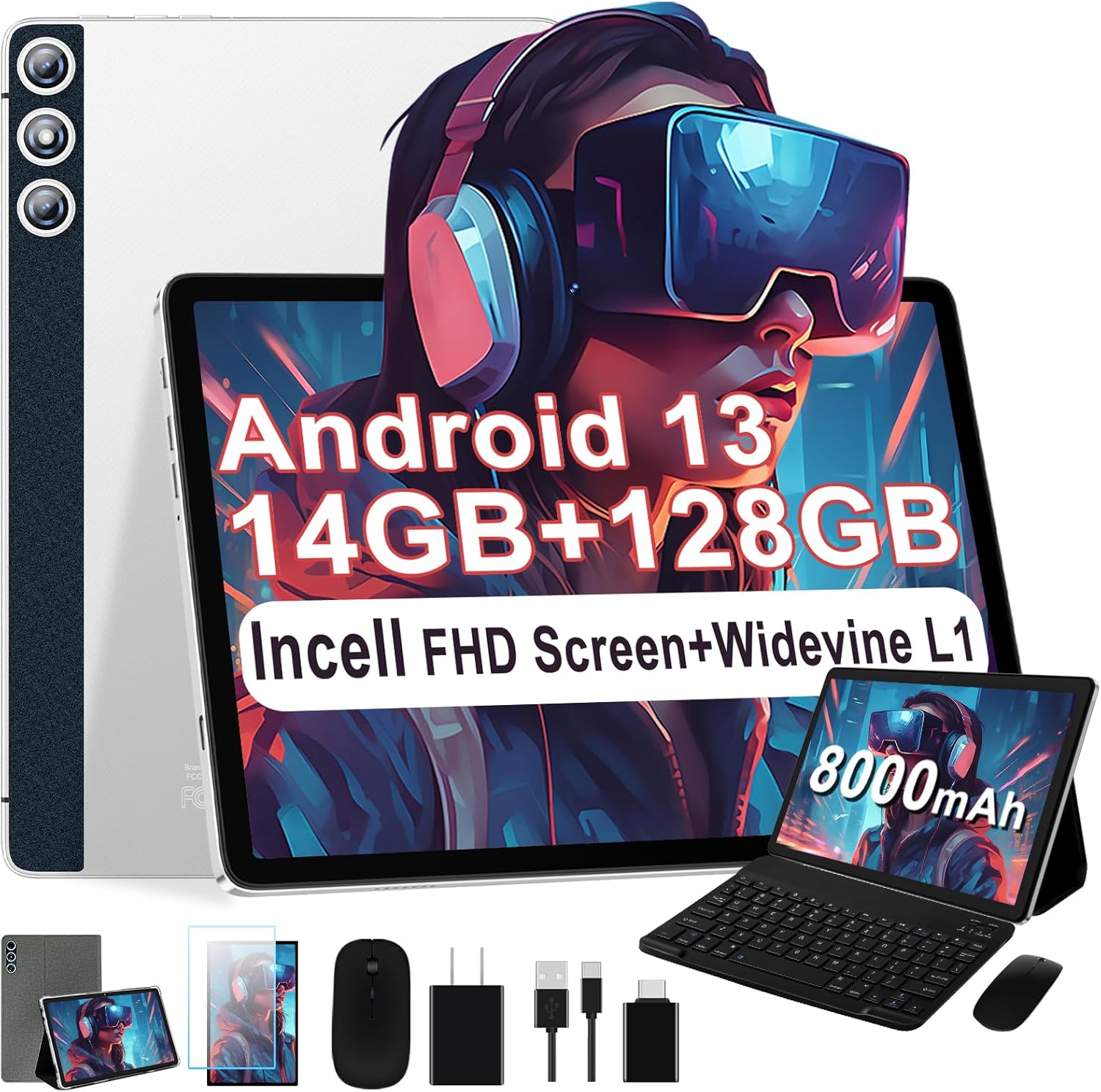 2025 DMOAO Tablet 10.1 Inch 2 in 1 Android 13 Tablets with 14(8+6) GB RAM 128GB ROM (1TB TF), 2.0GHz Octa-Core CPU, 8000mAh, 5G/2.4G WiFi, GPS, Bluetooth, Face Unlocked, Split Screen Support-Sliver