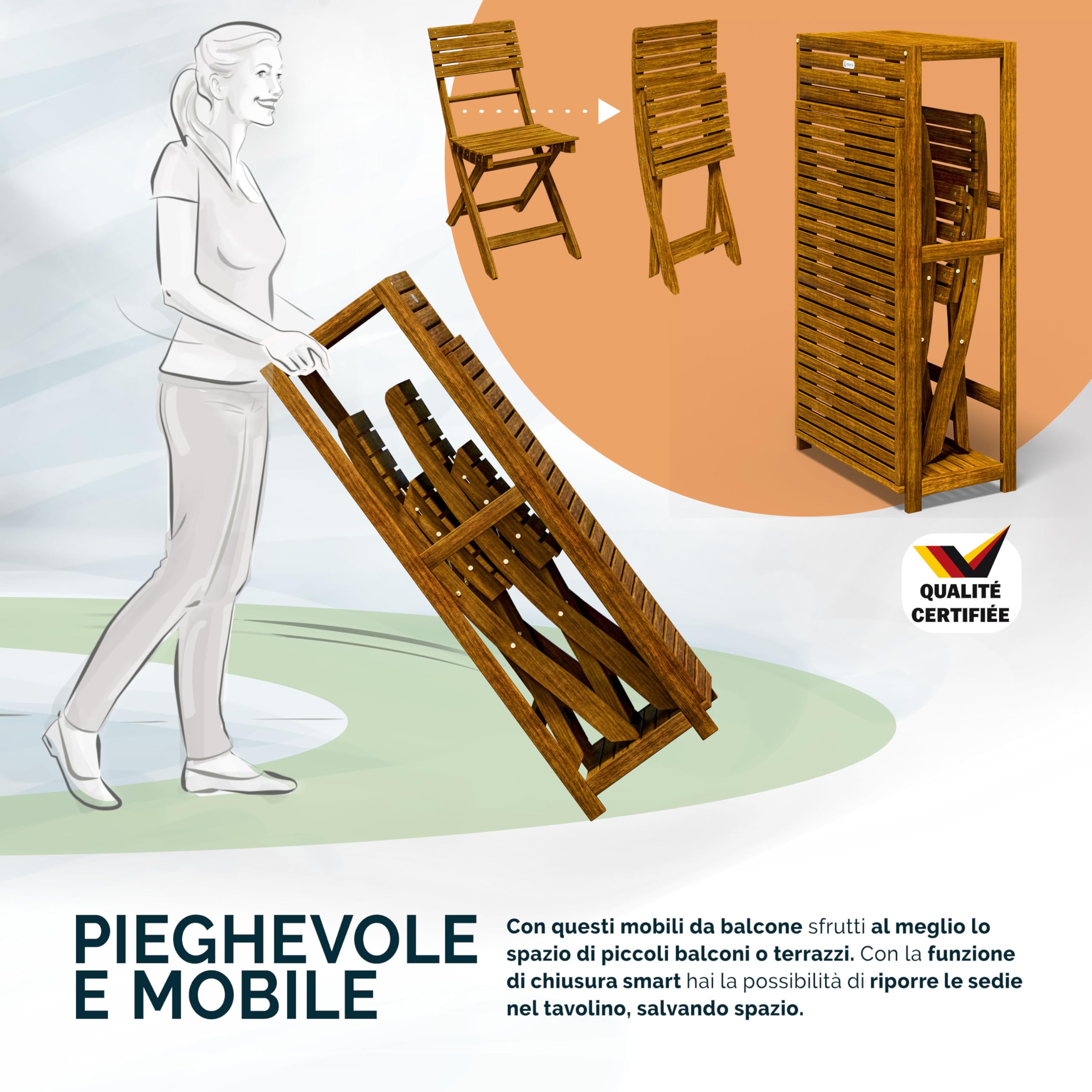 Casaria® Set da balcone per 2 persone, resistente alle intemperie, pieghevole, in legno, 160 kg, con certificazione FSC®, 95 x 117 cm, 3 pezzi, colore marrone