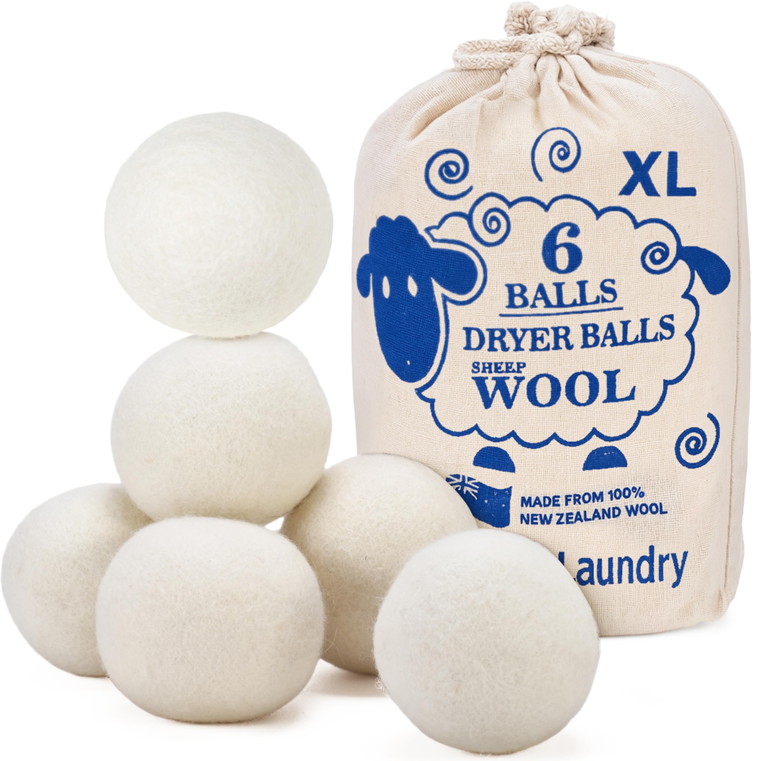 Handy Laundry Sheep Wool Dryer Balls Pack of 6 Premium 100% Natural XL Fabric Softener Reusable, Saves Drying Time