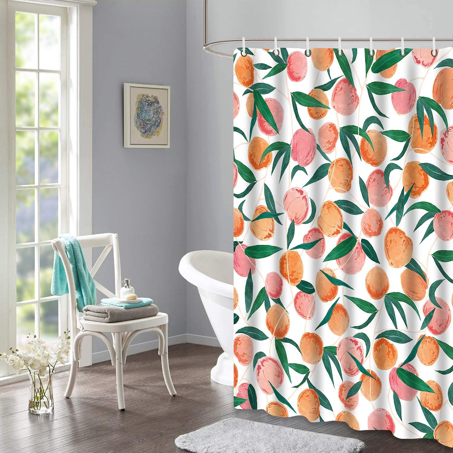 Duschvorhang Mit Beschwertem Saum | Wasserdichtes Polyester 90x180 Cm | Süßes Frucht-Motiv (Pfirsich) | Inkl. 12 Haken | Leicht Zu Reinigen