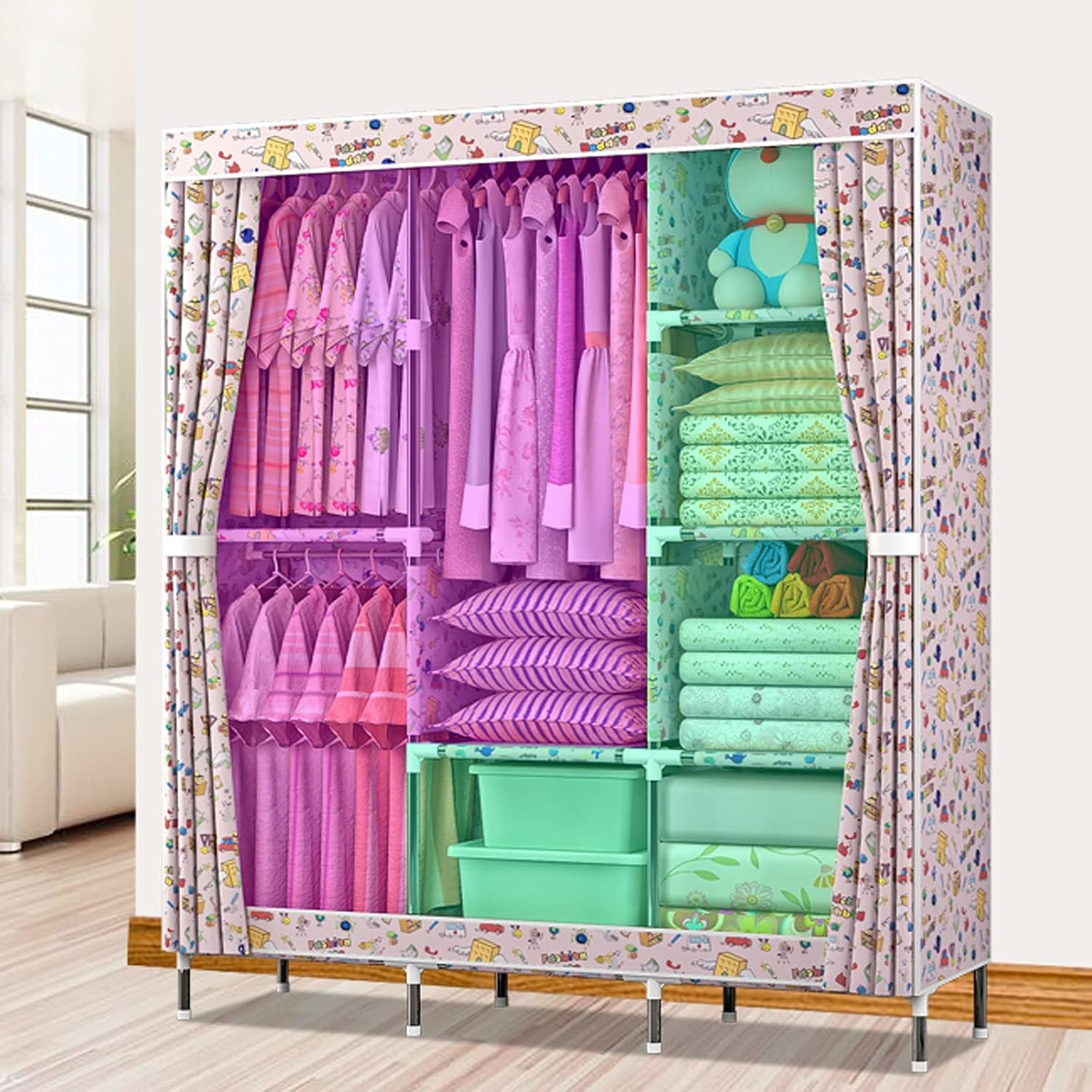 Portable Wardrobe Closets 50.7 Inch Closet Organizer Wardrobe Portable Clothes Closet Shelves with Oxford Cloth Waterproof Sturdy Storage Organizer Bedroom Hanging Closet Big Capacity Wardrobe Storage