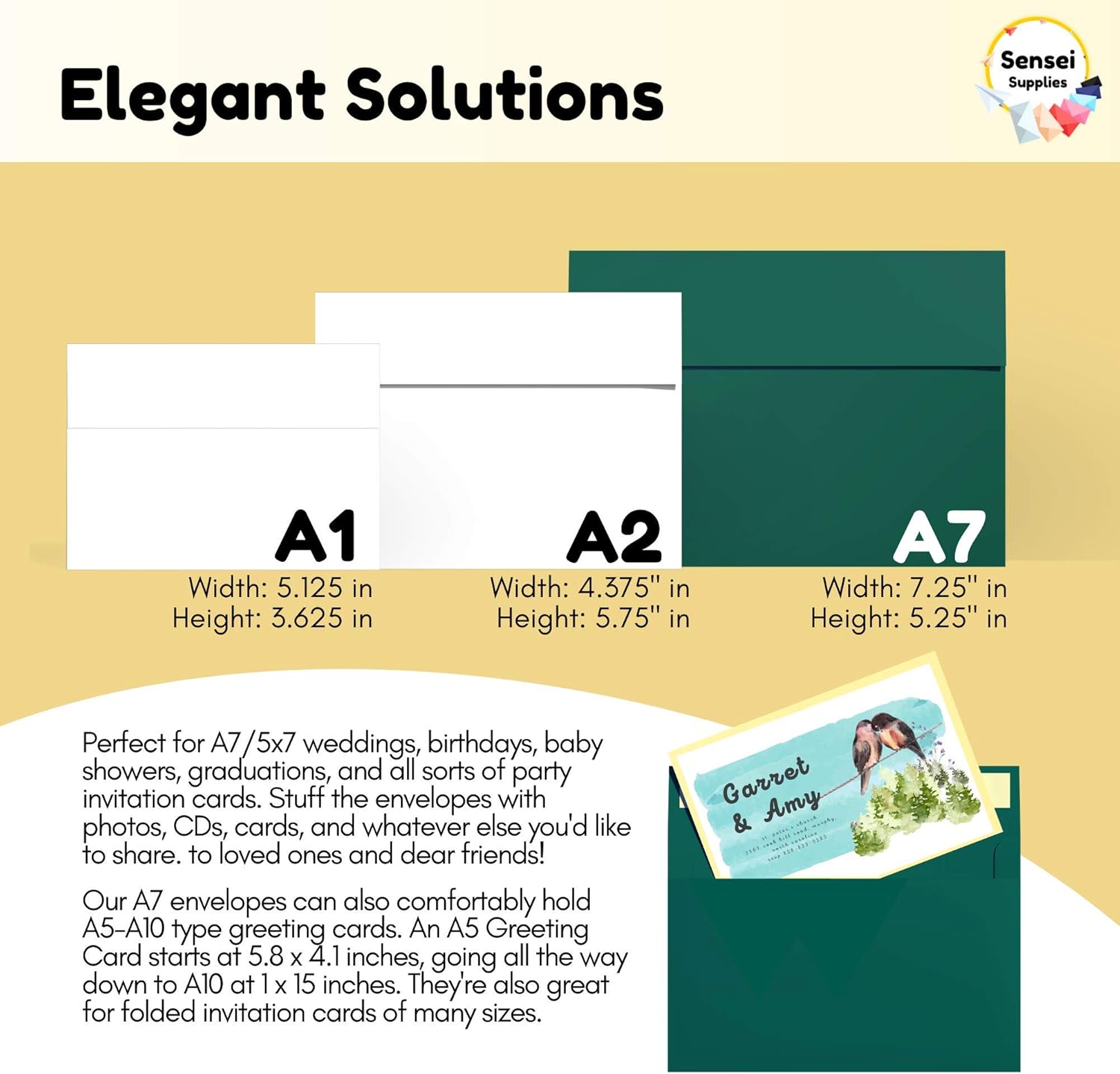 200 5x7 Pine Green Invitation Envelopes - For 5x7 Cards - A7 - (5 ¼ x 7 ¼ inches) - Perfect for Weddings, Graduation, Baby Shower - 120 GSM - Peel, Press & Self Seal - Square Flap