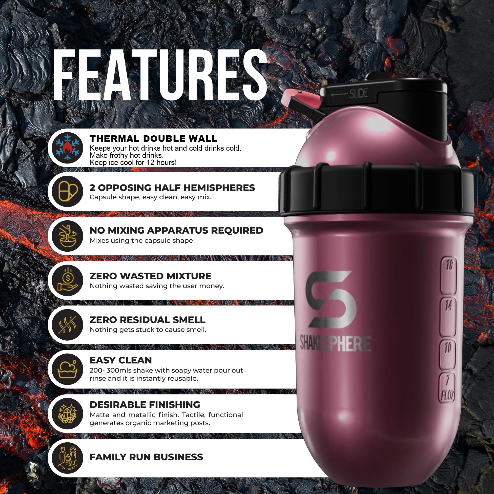 SHAKESPHERE Vaso de acero: la botella mezcladora de proteínas mantiene las bebidas calientes y frías frías, 680.4 g. No necesita bola de mezcla ni batidor, fácil de limpiar, ideal para batidos,