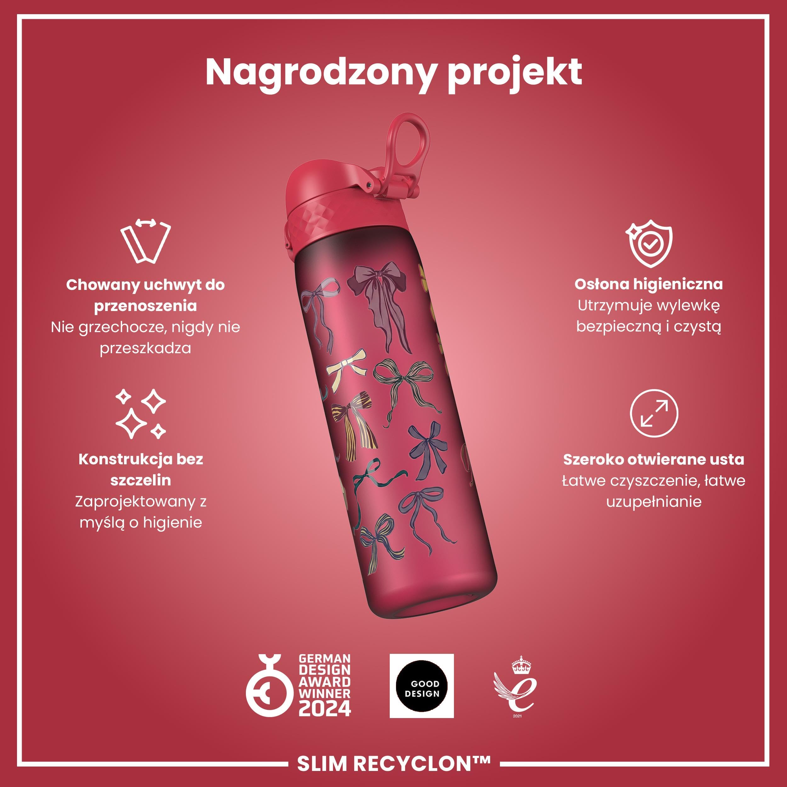 ION8 Butelka na Wodę, 500 ml/18 oz, Szczelna, Łatwe Otwieranie, Bezpieczny Zamek, Można Myć w Zmywarce, Bez BPA, Higieniczne Pokrycie, Uchwyt do Przenoszenia, Łatwa Czyszczenie, Kokardy