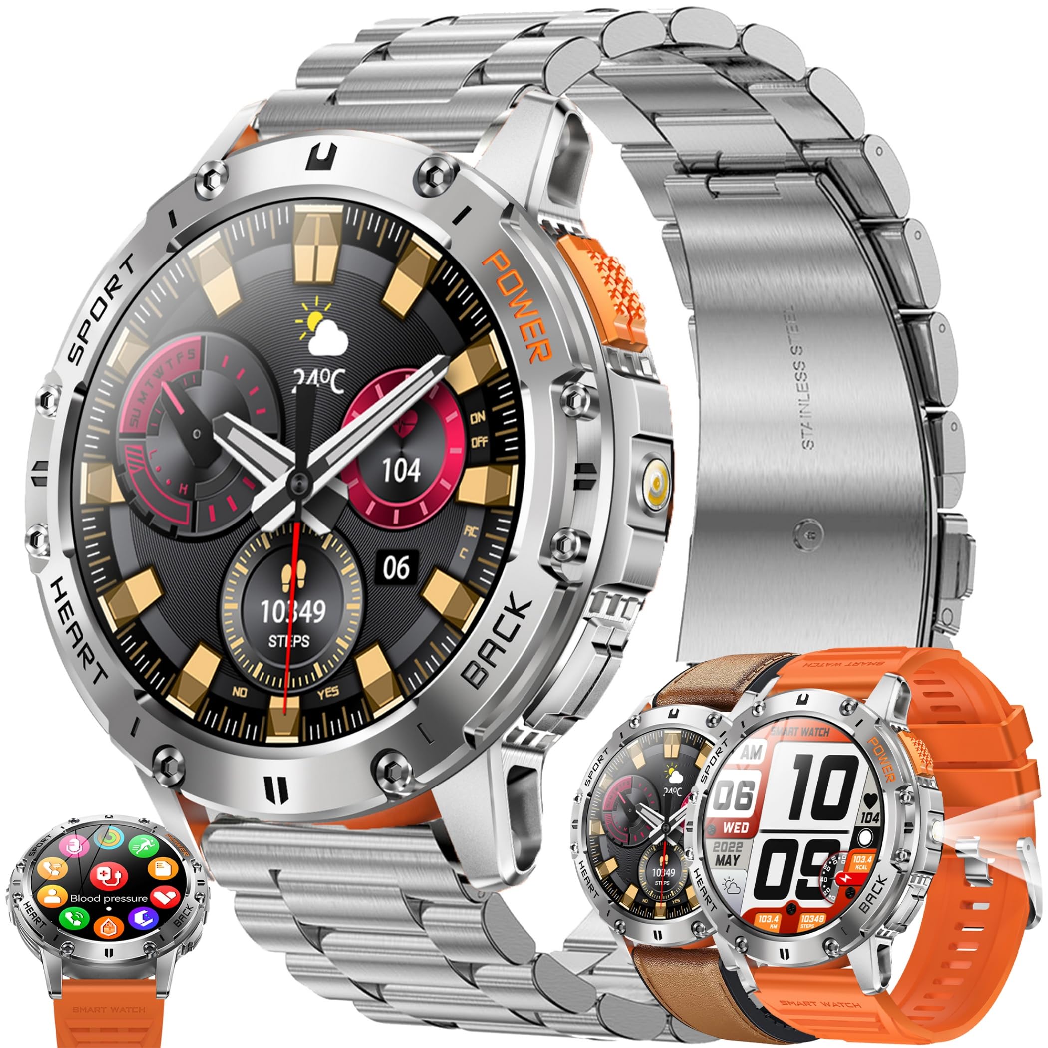 1,43" AMOLED Reloj Inteligente Hombre con Llamada y Whatsapp, Linterna, 5ATM Impermeable Reloj Smartwatch 123 Deportivo Hombre con Monitor Sueño, Oxígeno Sanguíneo, Pulsómetro Android iOS (plateado)
