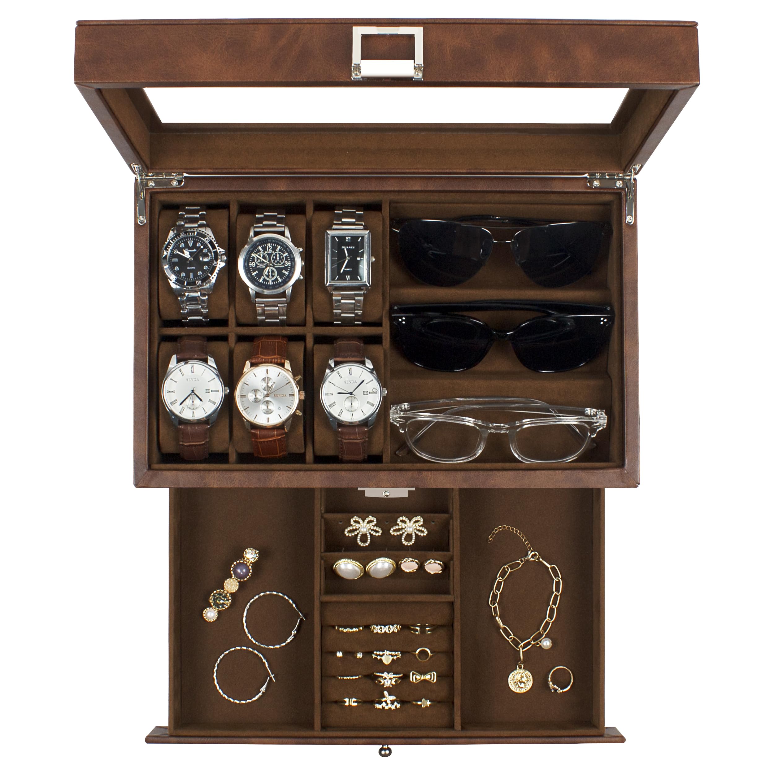ITNXVKGES Watch Box, 6 slots Watch case, 3 Compartment Eyeglass Organizer, Mens Jewellery Box with Clear Glass Lid, Double Layer with Key Lock, Gift, Brown