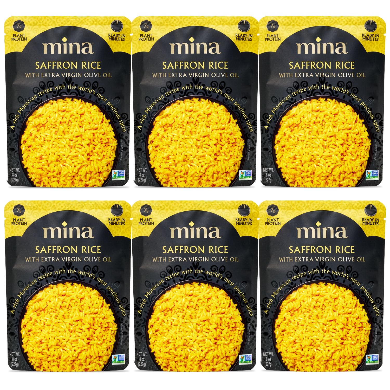 Mina Saffron Rice, Yellow Rice, With Extra Virgin Olive Oil, Ready to Eat Rice Pilaf, Side Dishes, Microwave Rice, Vegan Protein, Non-GMO, Gluten-Free, Kosher, 8 oz (Pack of 6)