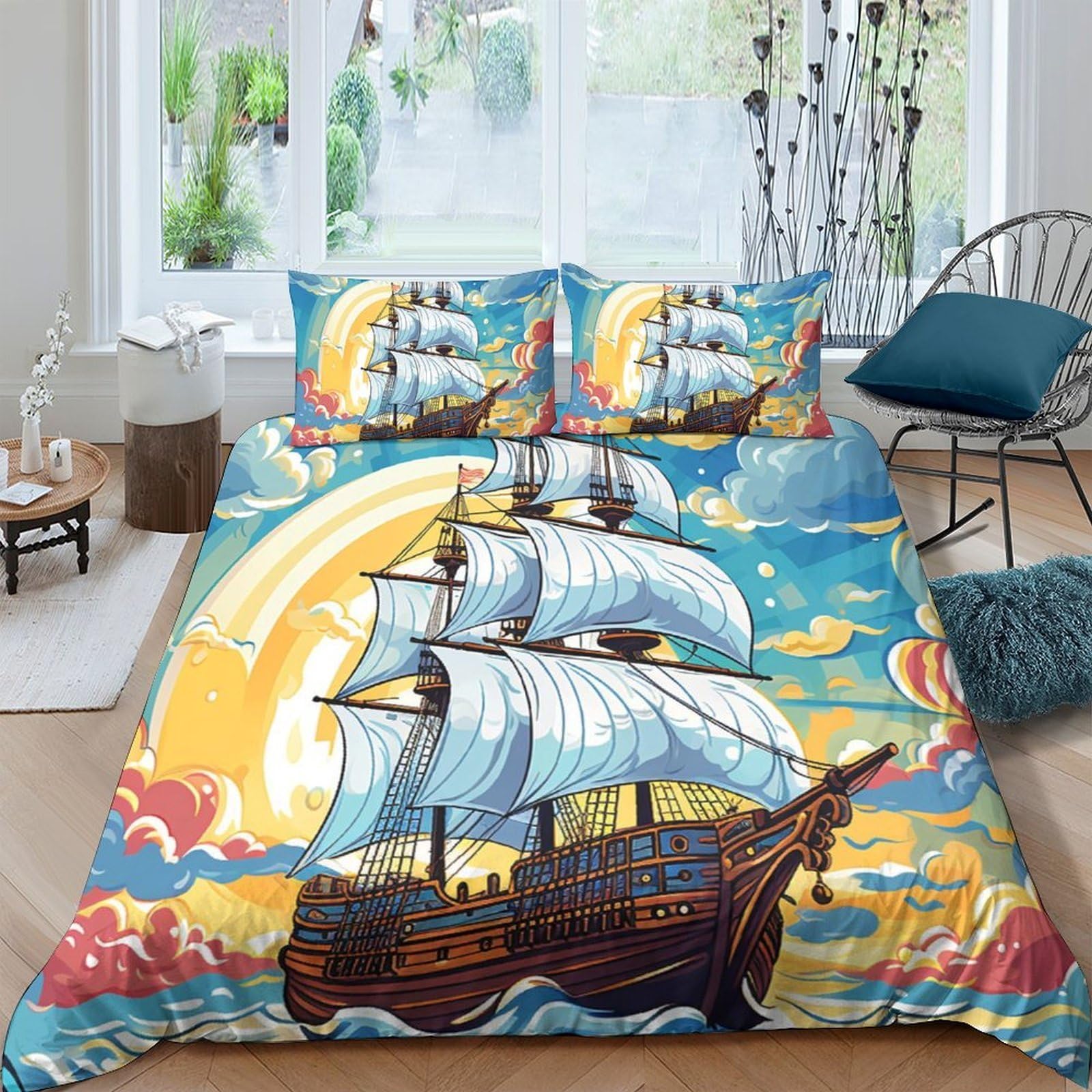 GPLZQXKJNH 3D Printed Sailing Ship Duvet Cover Microfiber Soft Breathable Ocean Adventure Bedding Set with 2 Pillowcases for Bedroom Decor Single（135x200cm）