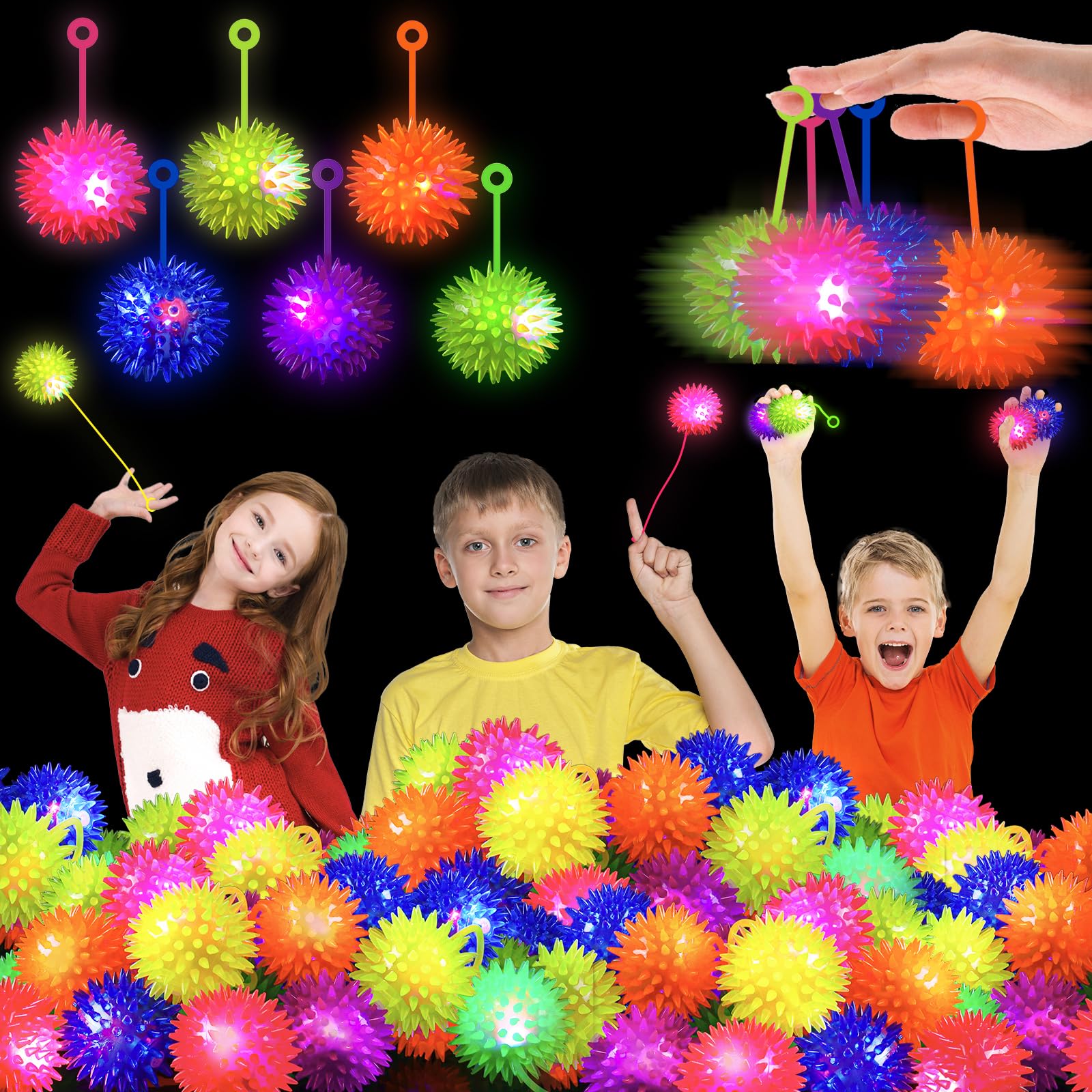 Photo 1 of 100pcs Ball, LED Bouncy Balls Bulk, Light Up Party Favors, 6 Colors Flashing Squeaky Ball, Spiky Fidget Sensory Toy, Glow in The Dark Party Favors for Teens Adults Kids