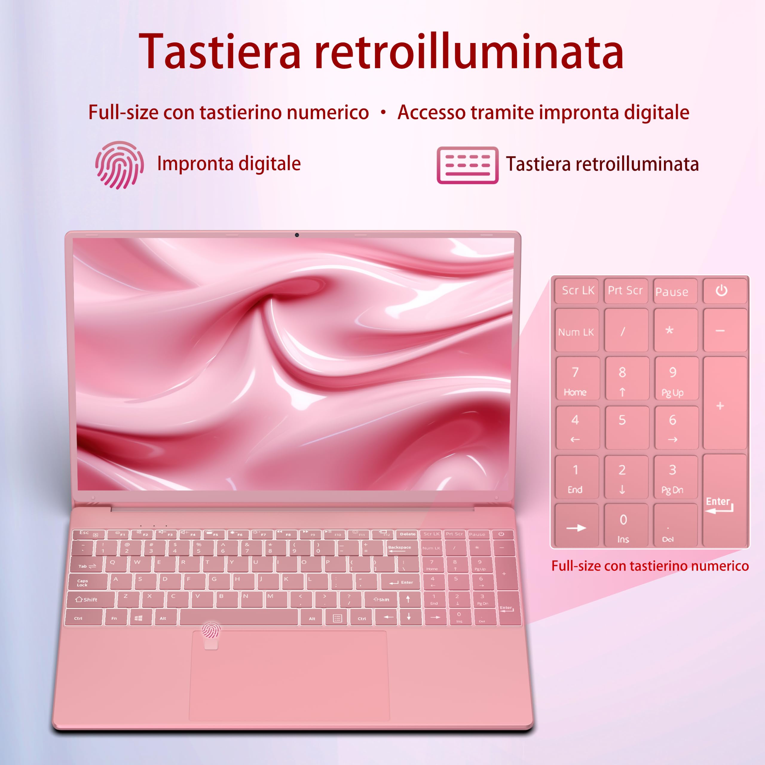 Amita Nuovo Notebook 2026 da 15.6 pollici con i3-6100U, 16GB, Lettore di impronte digitali, Tastiera retroilluminata, WiFi, BT5.0 Custodia Tastiera ITA, Rosa, ideale per Studenti e Business (GB, 256)