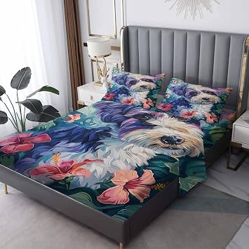 Puppy Sheets Twin Size, Dog Floral Pattern Sheet Set, Soft Microfiber Wrinkle Free Bedding Sheets & Pillowcases 3 Piece, Bedroom Decor Bed Sheets with 16 Inch Deep Pocket