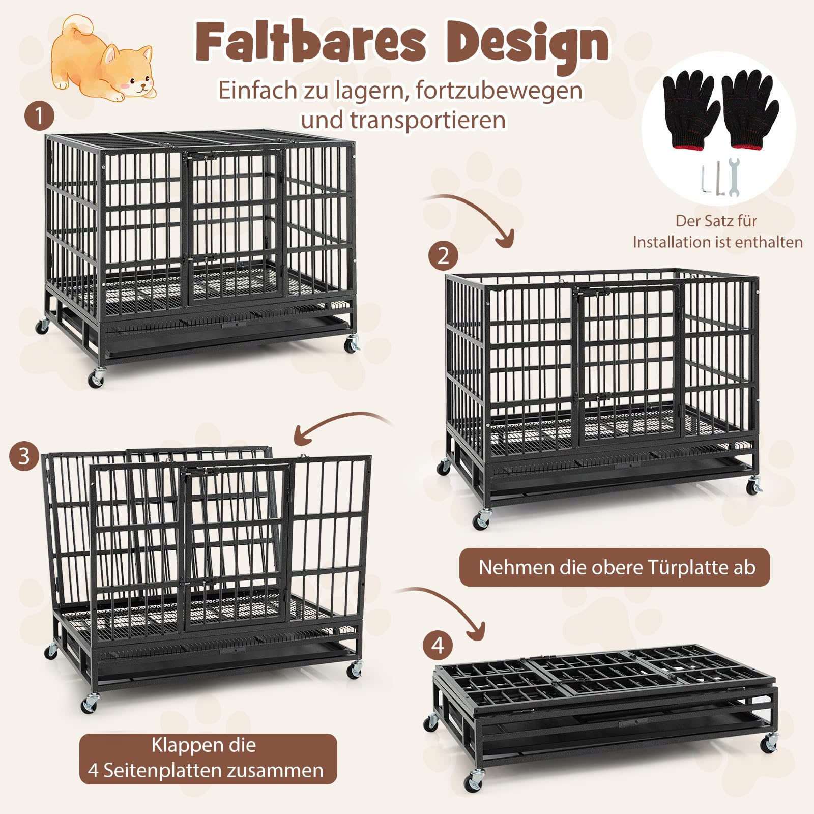 COSTWAY Hundekäfig faltbar mit 2 Türen, Transportkäfig mit Rollen & ausziehbarem Tablett, Transportbox Haustierkäfig Metall, Hundebox für große & mittelgroße Hunde, schwarz (96 x 65 x 77 cm)