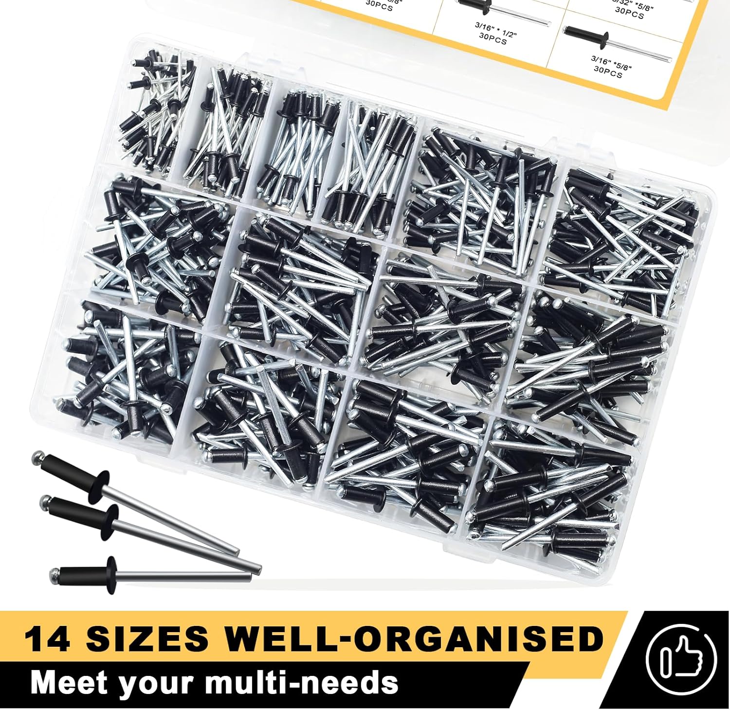 Siptenk 530PCS Black Pop Rivets Assortment Kit, SAE Aluminum Assorted Blind Rivet Set 14 Sizes 3/32" 1/8" 5/32" 3/16" Pop Rivet Kit for Metal