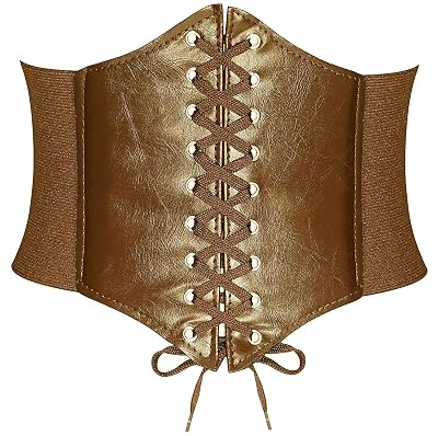 Women's Faux Leather Lace-Up Corset Belt, Black, Elastic Side Panels (IN, Numeric, 38, TAN)