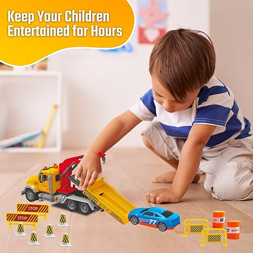 Miniatura 4 de Camión de remolque de juguete de cama plana y grúa con juego de autos de carreras, juguete grande de 15 pulgadas, vehículo de rescate con fricción