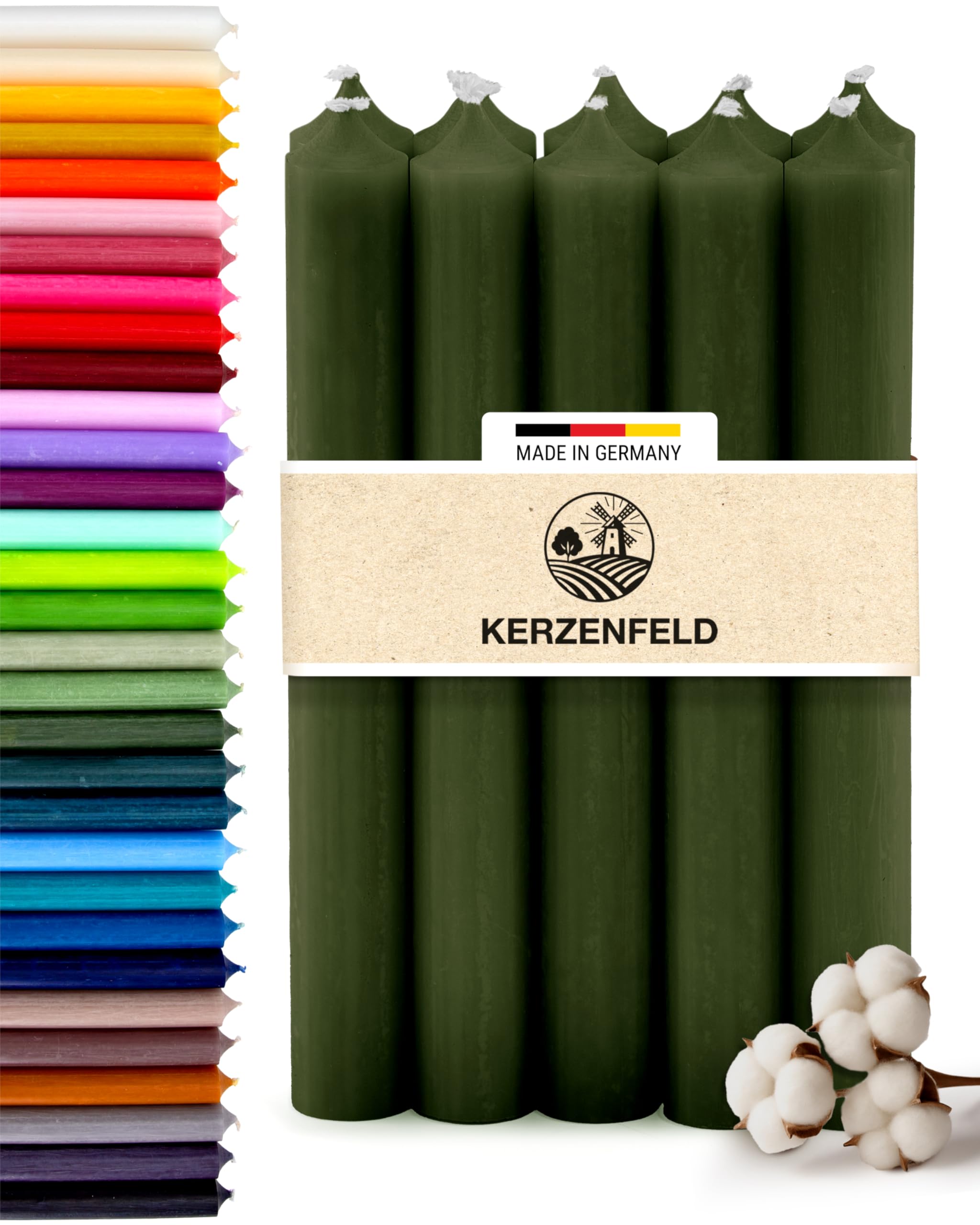 Stabkerzen Kiefergrün, 10 Stück, 180mm x 22mm, Durchgefärbte Spitzkerzen, 8+ Stunden Brenndauer, Made in Germany - Ohne Tropfen & Rußen - Unparfümierte und RAL-Zertifizierte Tafelkerzen