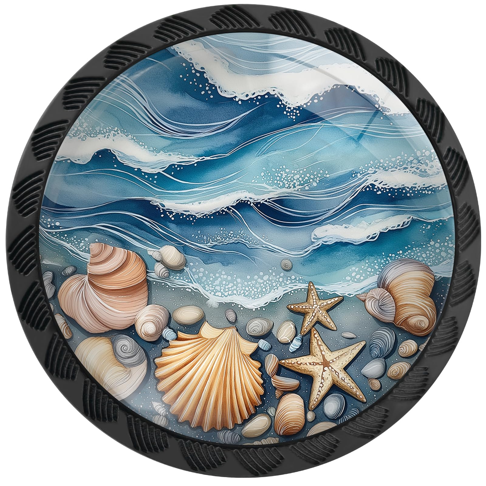 Artinhand 4 Pack Coastal Blue Wave Beach Seashell Cabinet Knobs Round Drawer Pulls Ocean Style Dresser Knob Cupboard Door Handles Hardware for Kitchen Bathroom Cabinets