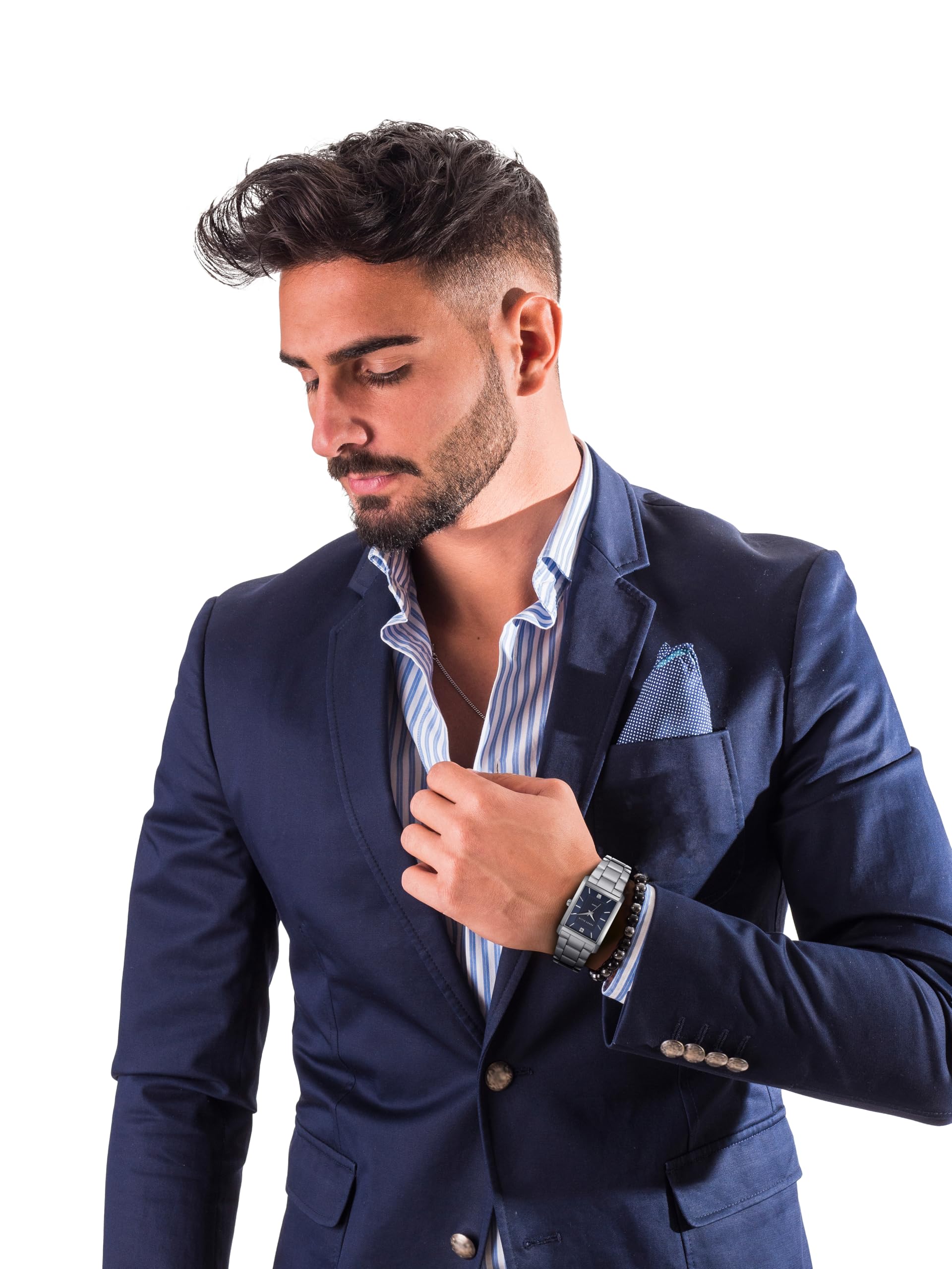 Perry Ellis Men's Watch – Rectangular Silver-Tone, Dark Blue Textured Dial with Diamond Accents, Silver Faceted Indexes, Stretch Bracelet, Quartz Analog Fashion Accessory — view 6