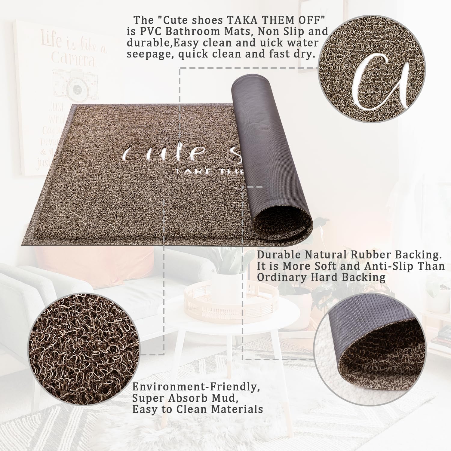 Front Door Mat Indoor Entrance Welcome Mat Entryway Cute Shoes Take Them Off Mats Indoor Dirt Trapper Washable Charcoal Doormat Floor Mats for House Inside Entry Kitchen Bathroom 24 x 36 inch Brown