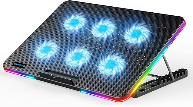 LiANGSTAR Laptop Cooling Pad with 6 Cooling Fans, Notebook PC Cooler, 7-Level Height, Angle Adjustment, Wind Speed Adjustment, Cooling Stand, 2 USB Ports, Silent, with Smartphone Stand, Supports up to