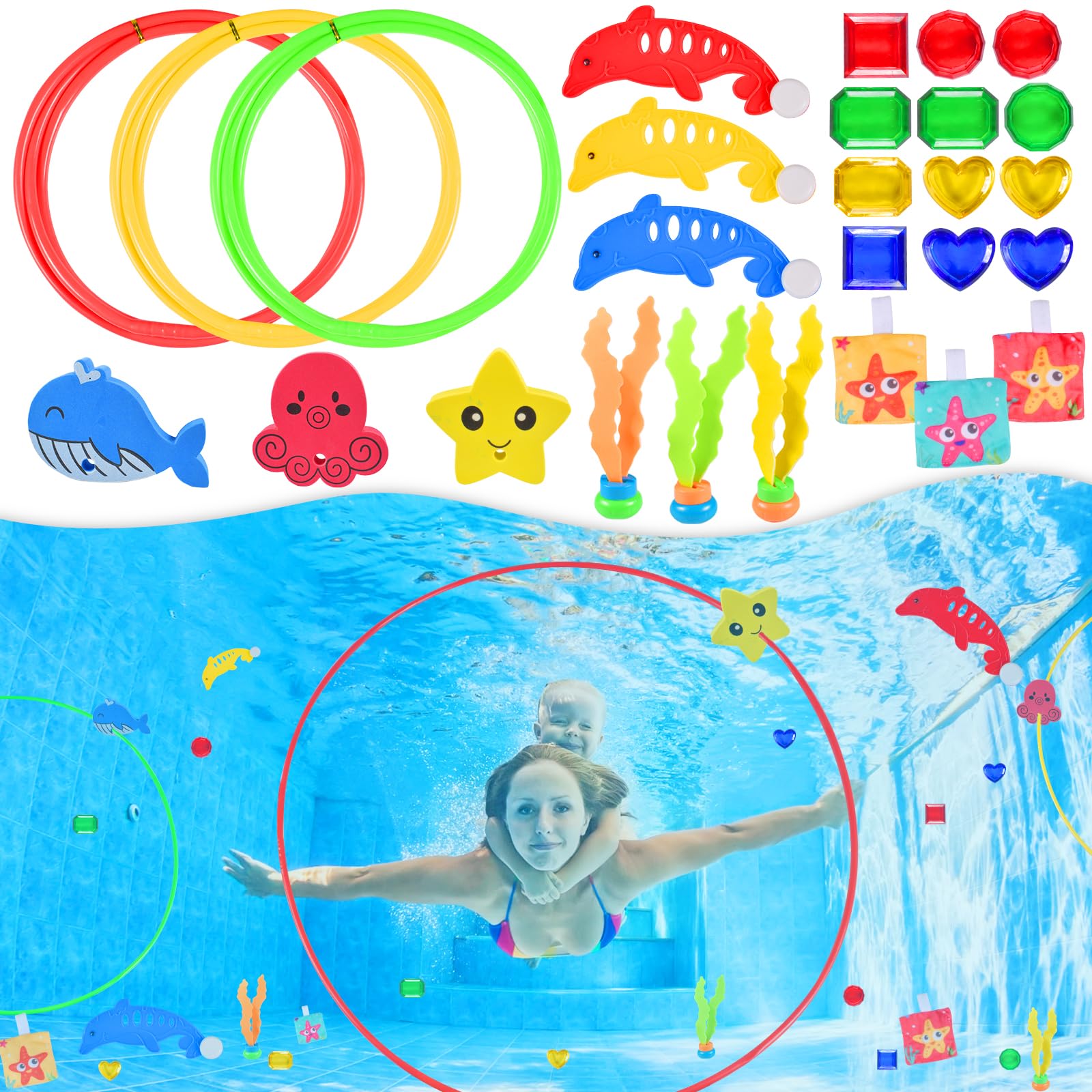 Qooloo Jouets de Plongée, 27 Pièces Ensemble D'anneaux de Plongée, Jeux Piscine Enfant, Jouet sous Eau Été, Jouet de Natation pour Piscine avec Anneaux de Plongée, Dauphin, Algues etc