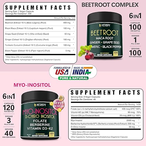Miniatura 2 de Paquete de suplementos de raíz de remolacha 6 en 1, 100 unidades y suplemento de mio-inositol 6 en 1 y D-Chiro inositol para mujeres, 120 unidades,
