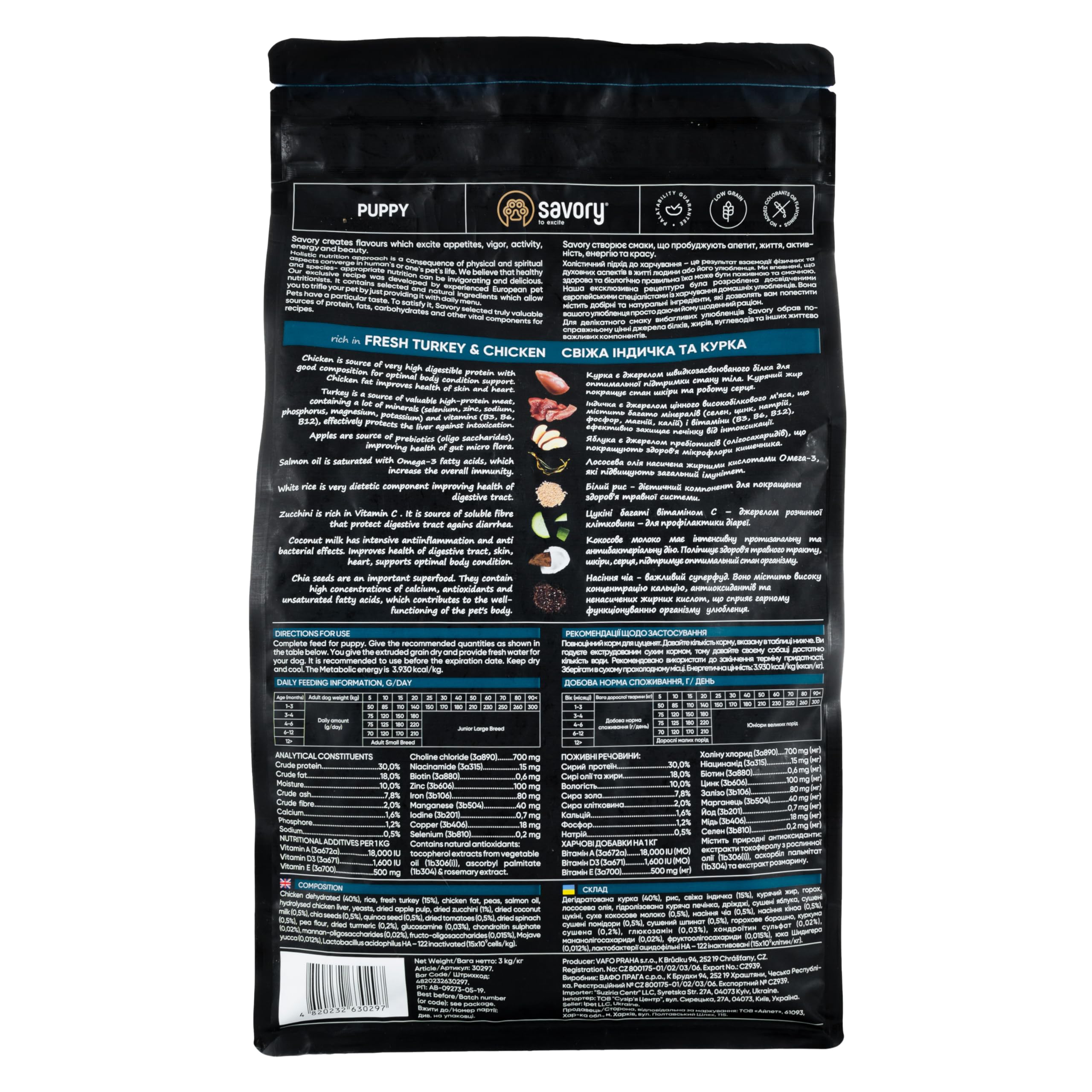 Savory - Cibo secco per cani - Cucciolo - Tacchino e pollo freschi - a base di carne fresca essiccata, con Vit. A, D3, E, C - (2 x 3 kg)