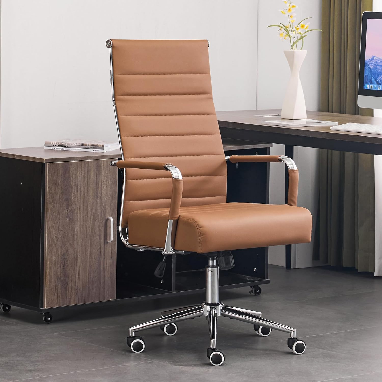 Office Desk Chair,Conference Room Chairs with Wheels and Arms, Modern PU Leather Ergonomic High Back Executive Ribbed Height Adjustable Swivel Chair for Home Office (Brown)